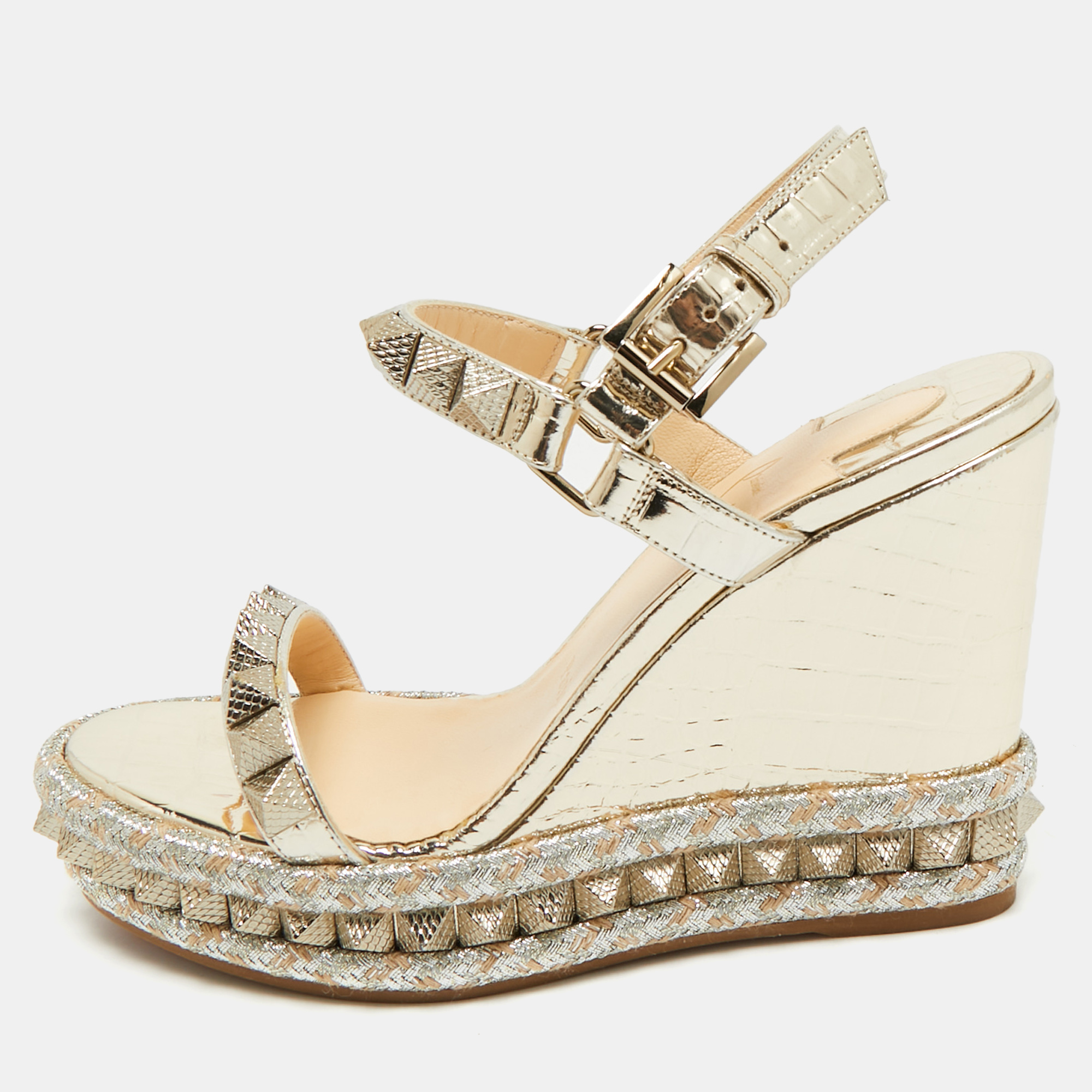

Christian Louboutin Gold Croc Embossed Leather Pyraclou Wedge Sandals Size