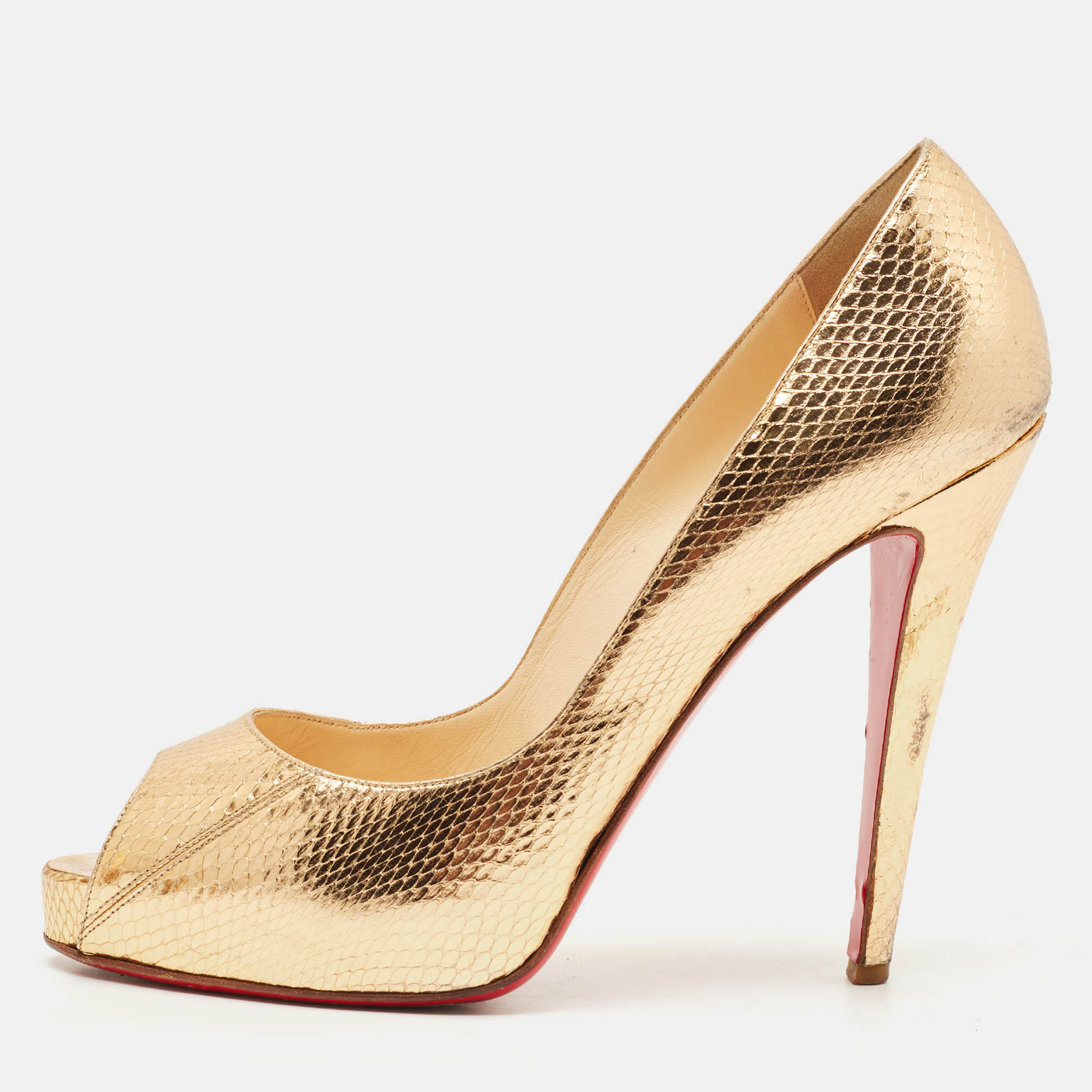 Pre-owned Christian Louboutin Metallic Python Embossed Leather Lady Peep Peep Toe Pumps Size 41