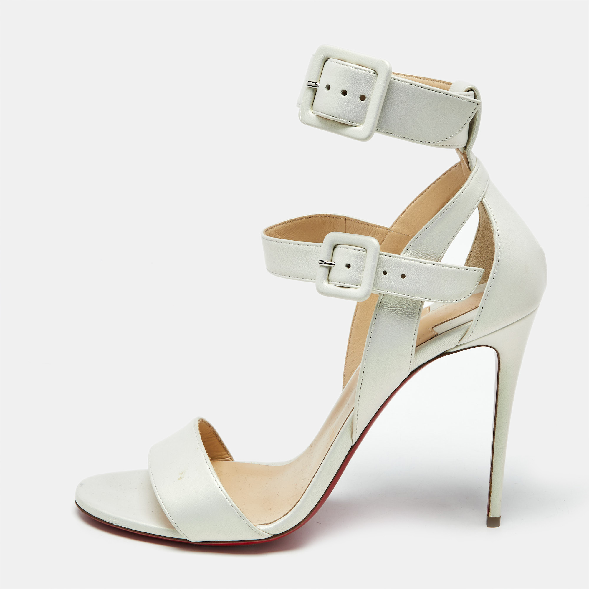

Christian Louboutin Iridescent White Leather Multipot Ankle Strap Sandals Size