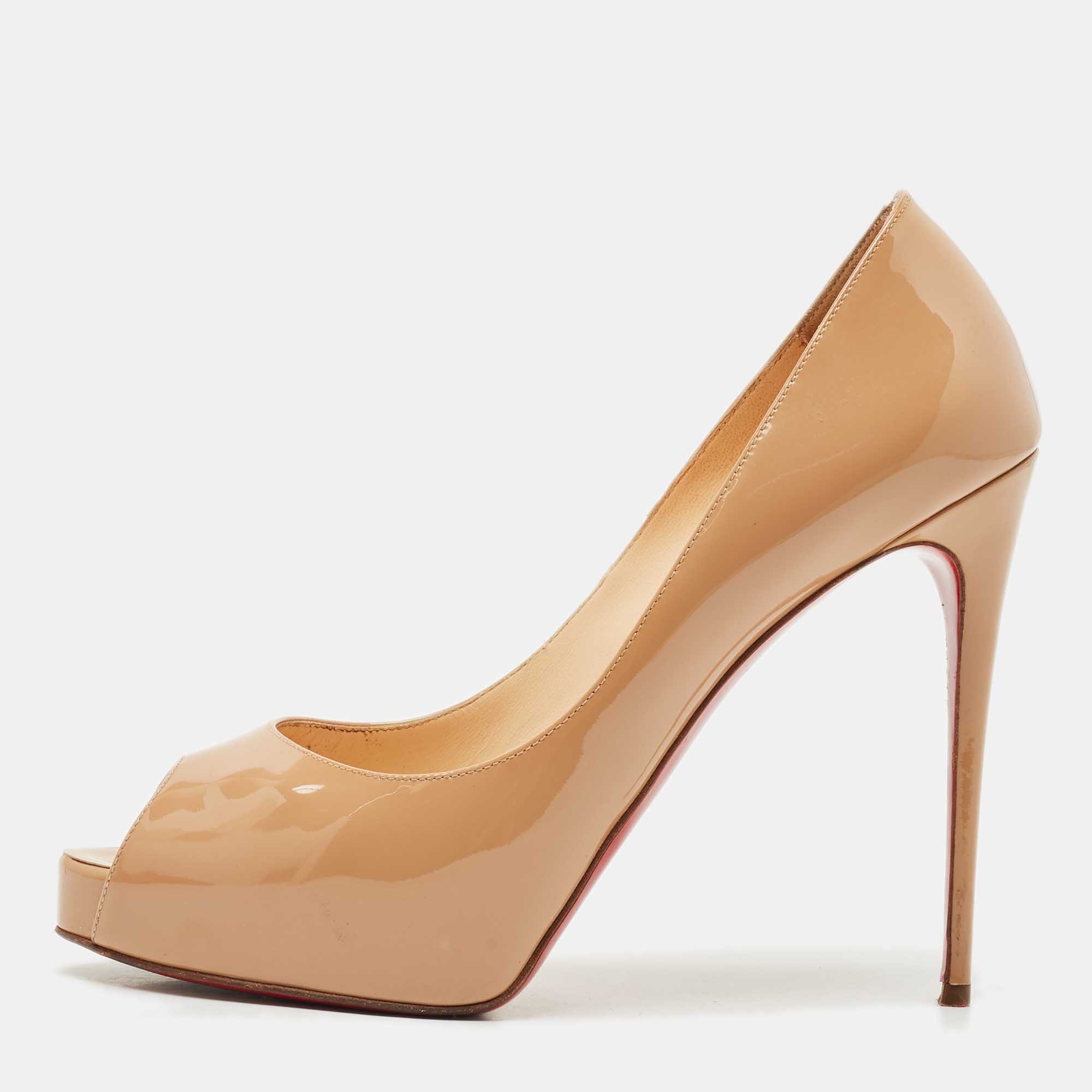 

Christian Louboutin Beige Patent Leather New Very Prive Peep Toe Pumps Size