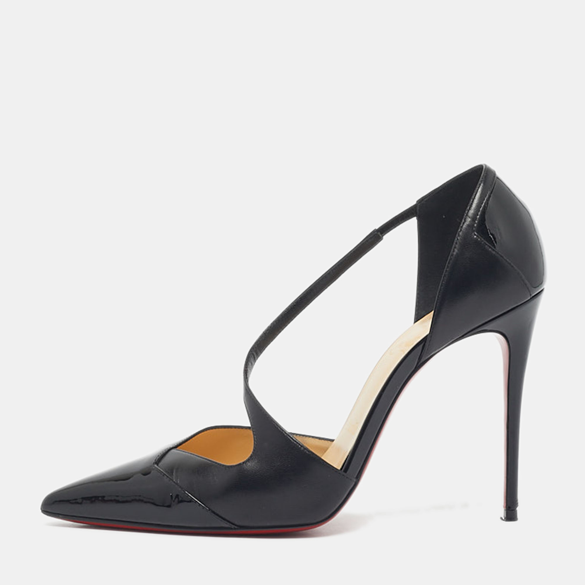 Pre-owned Christian Louboutin Black Patent Leather Jumping Cross Strap Pumps Size 38.5