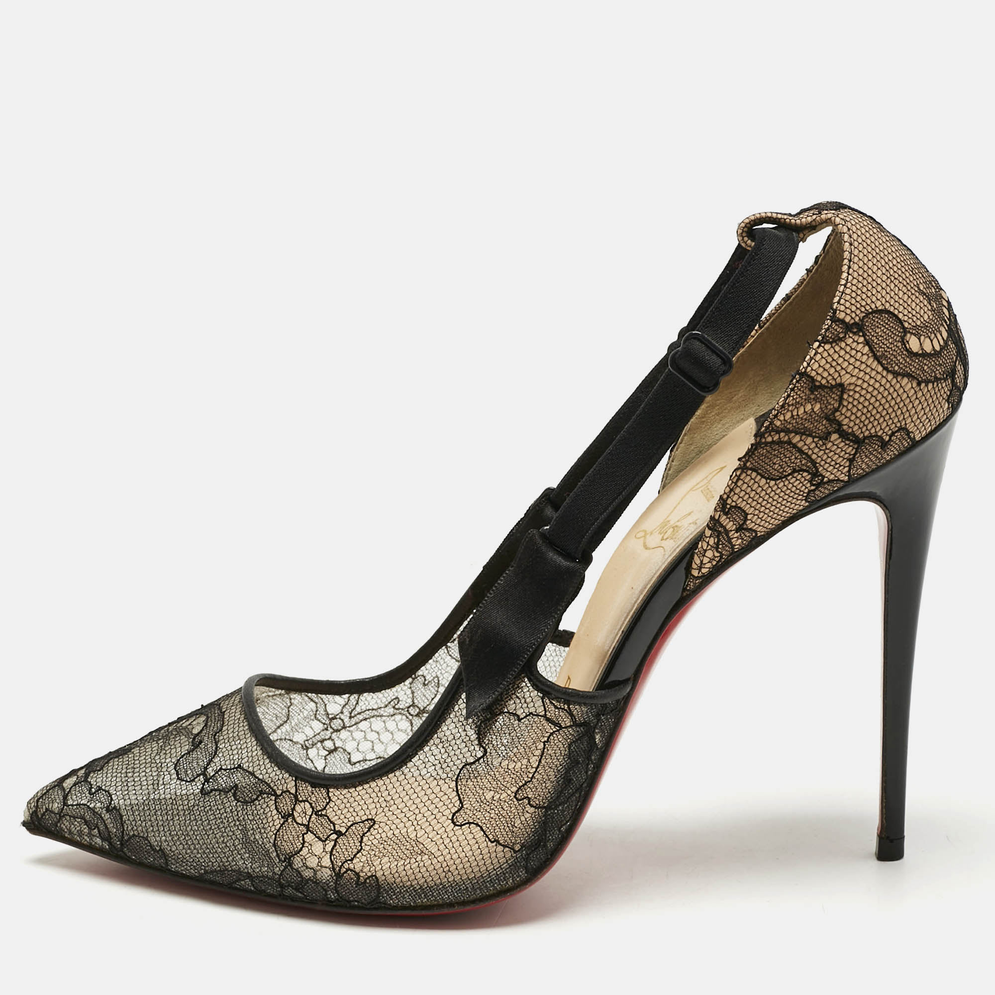 

Christian Louboutin Beige/Black Lace and Mesh Hot Jeanbi 100 Pumps Size