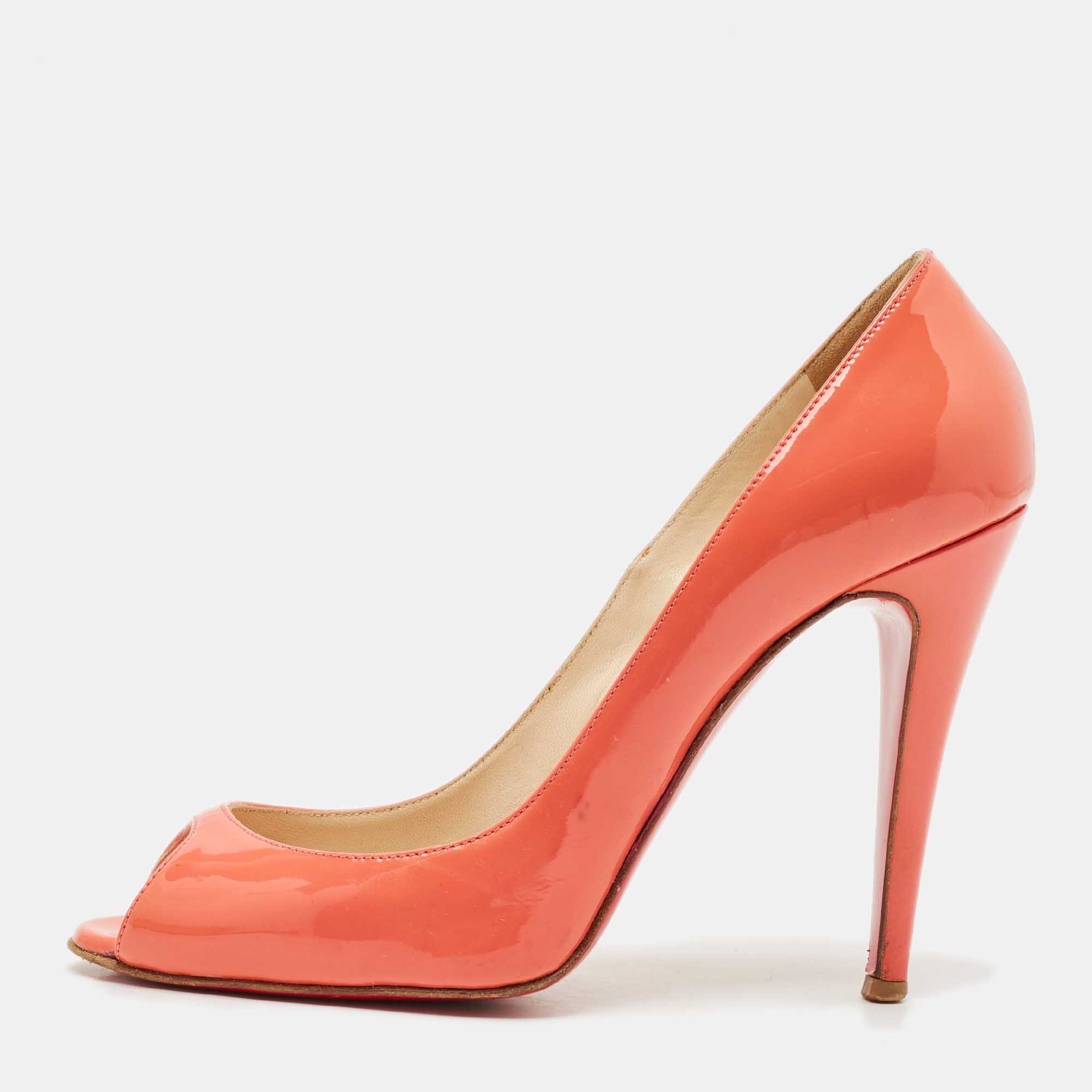 Pre-owned Christian Louboutin Coral Orange Patent Leather Flo Peep Toe Pumps Size 38