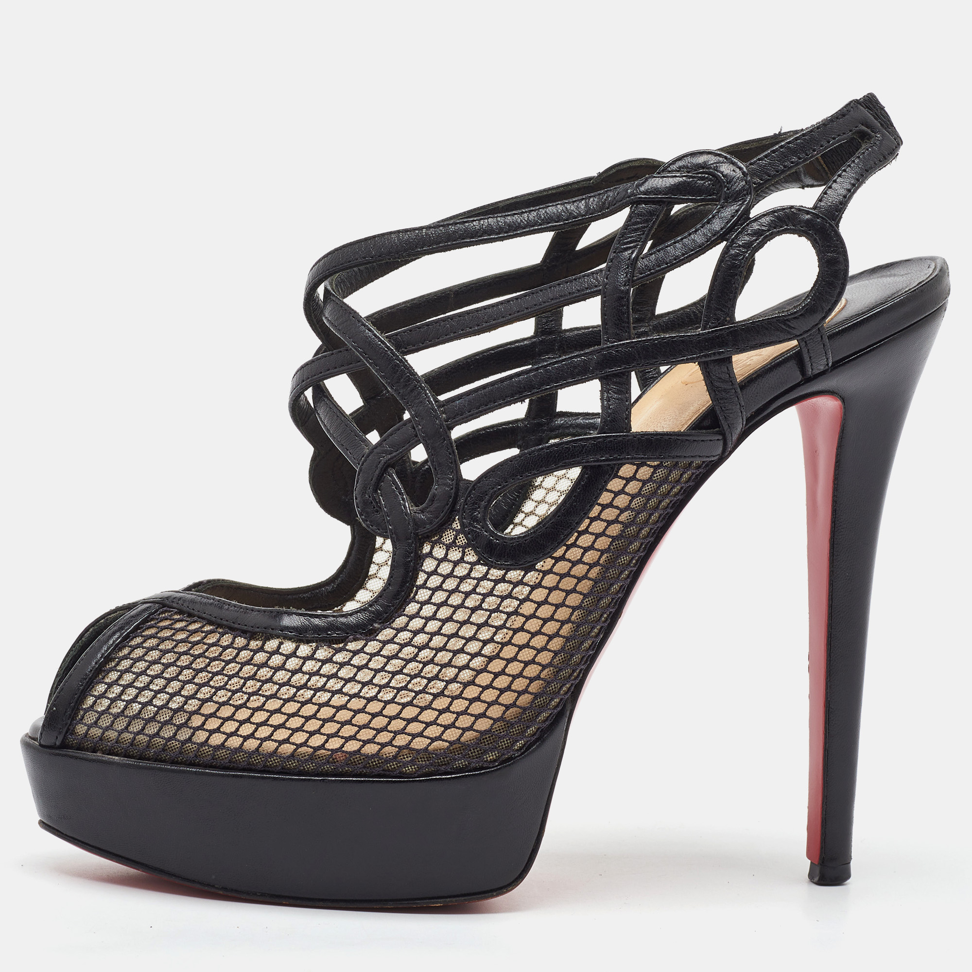 Pre-owned Christian Louboutin Black Leather And Mesh Strappy Platform Slingback Sandals Size 39