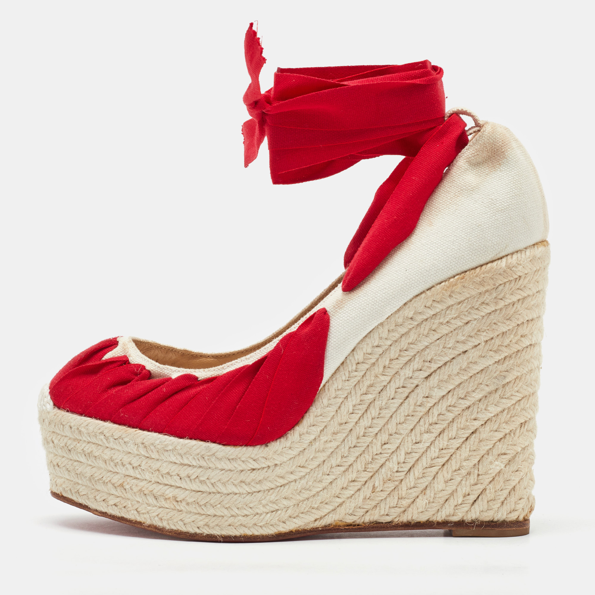 

Christian Louboutin Off White/Red Canvas Ibiza Espadrille Platform Wedge Pumps Size