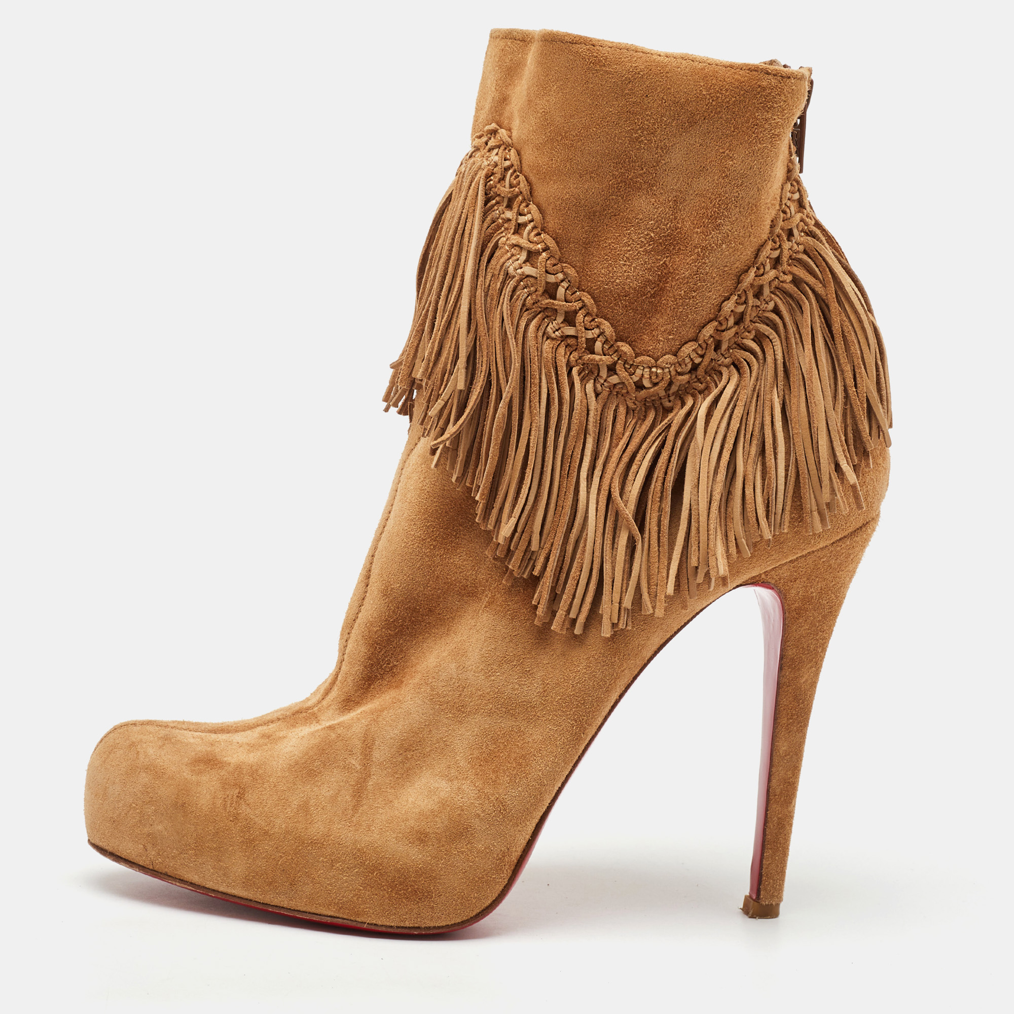 Pre-owned Christian Louboutin Light Tan Suede Rom Fringe Detail Platform Ankle Boots Size 39 In Brown