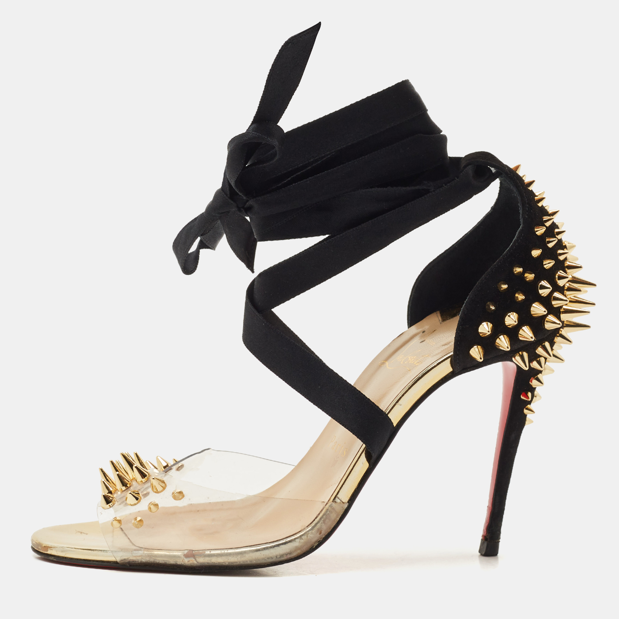 Pre-owned Christian Louboutin Black/transparent Suede And Pvc Barbarissima Spike Wrap Sandals Size 38.5