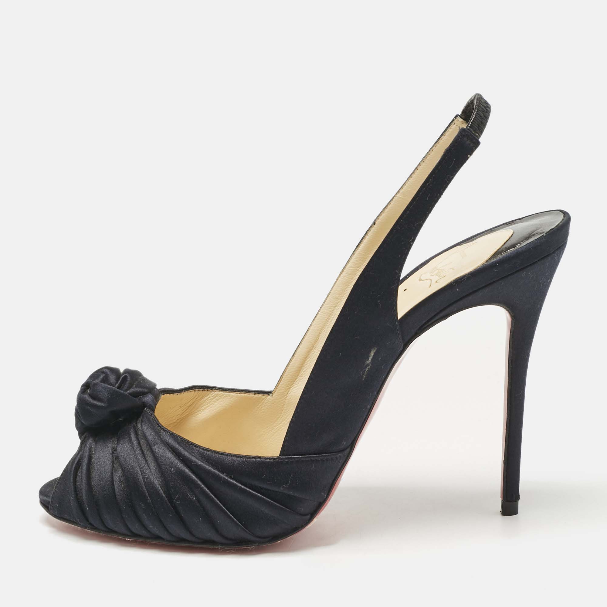 Pre-owned Christian Louboutin Navy Blue Satin Jenny Platform Pumps Size 39.5