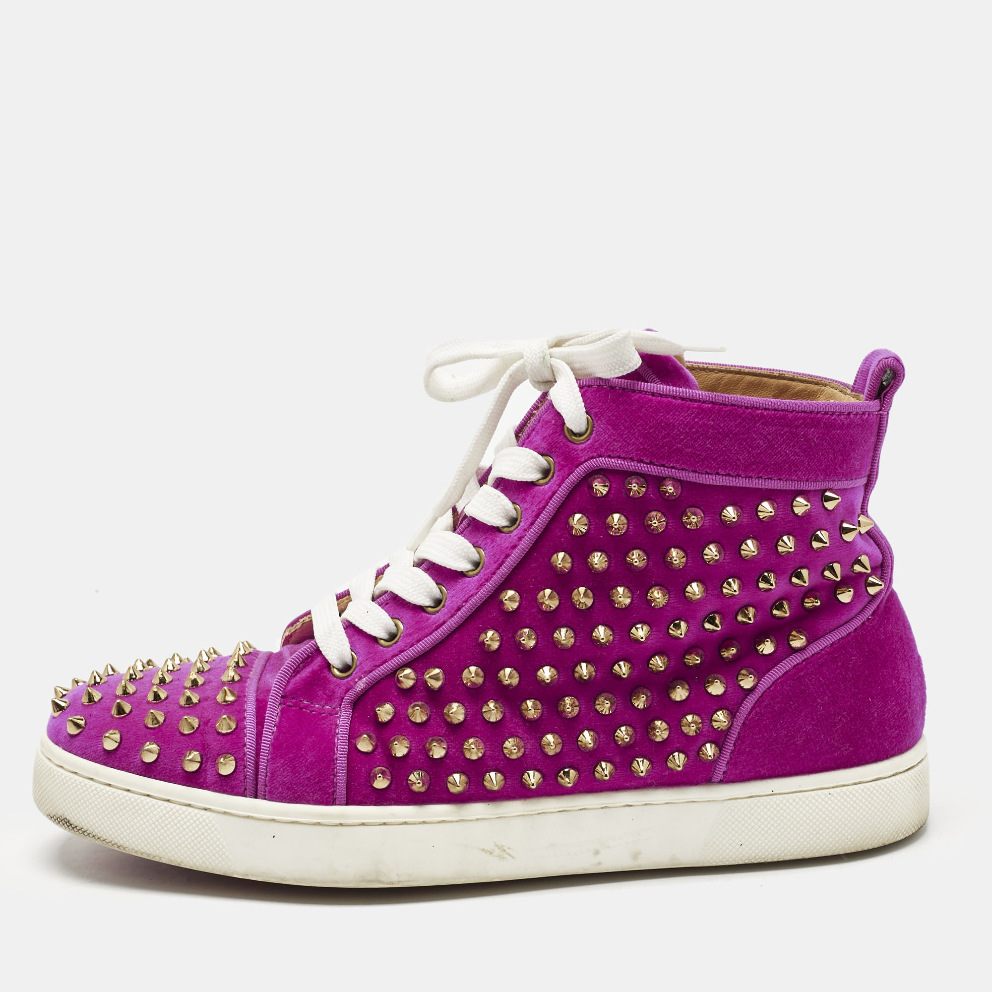 

Christian Louboutin Pink Velvet Spike Louis High Top Sneakers Size