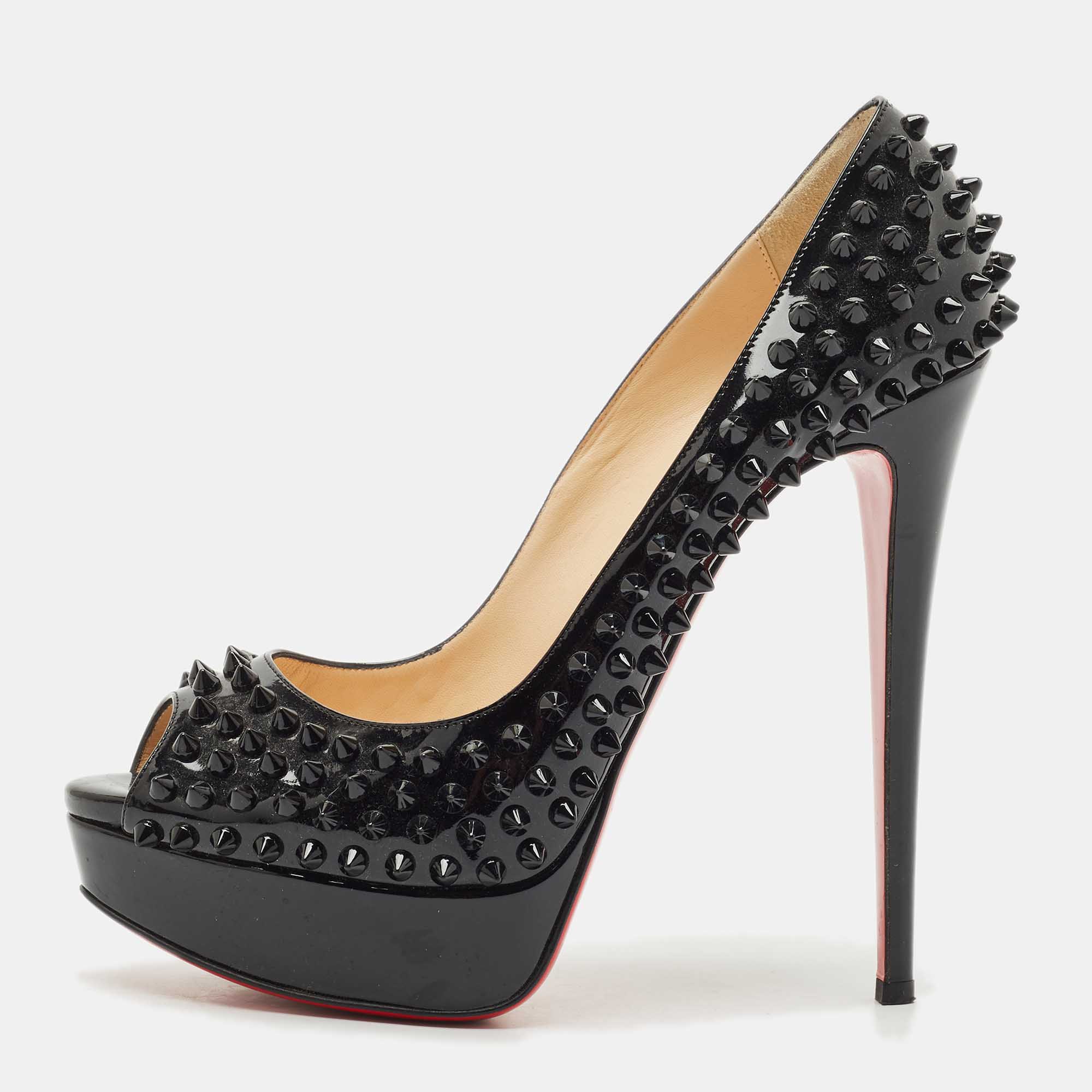 

Christian Louboutin Black Leather Yolanda Spikes Peep Toe Pumps Size
