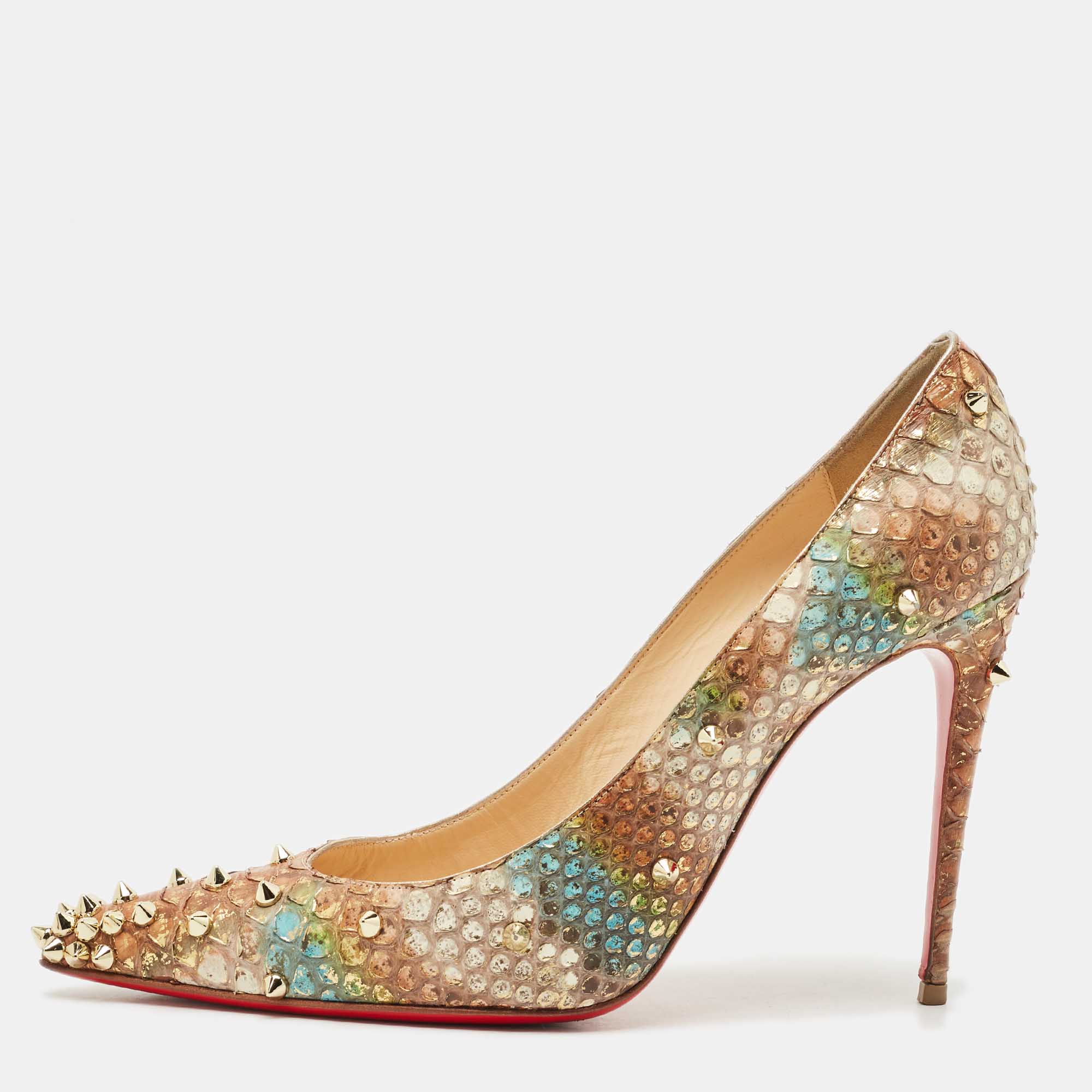 Pre-owned Christian Louboutin Tri-color Python Leather Degraspike Pumps Size 38.5 In Sand
