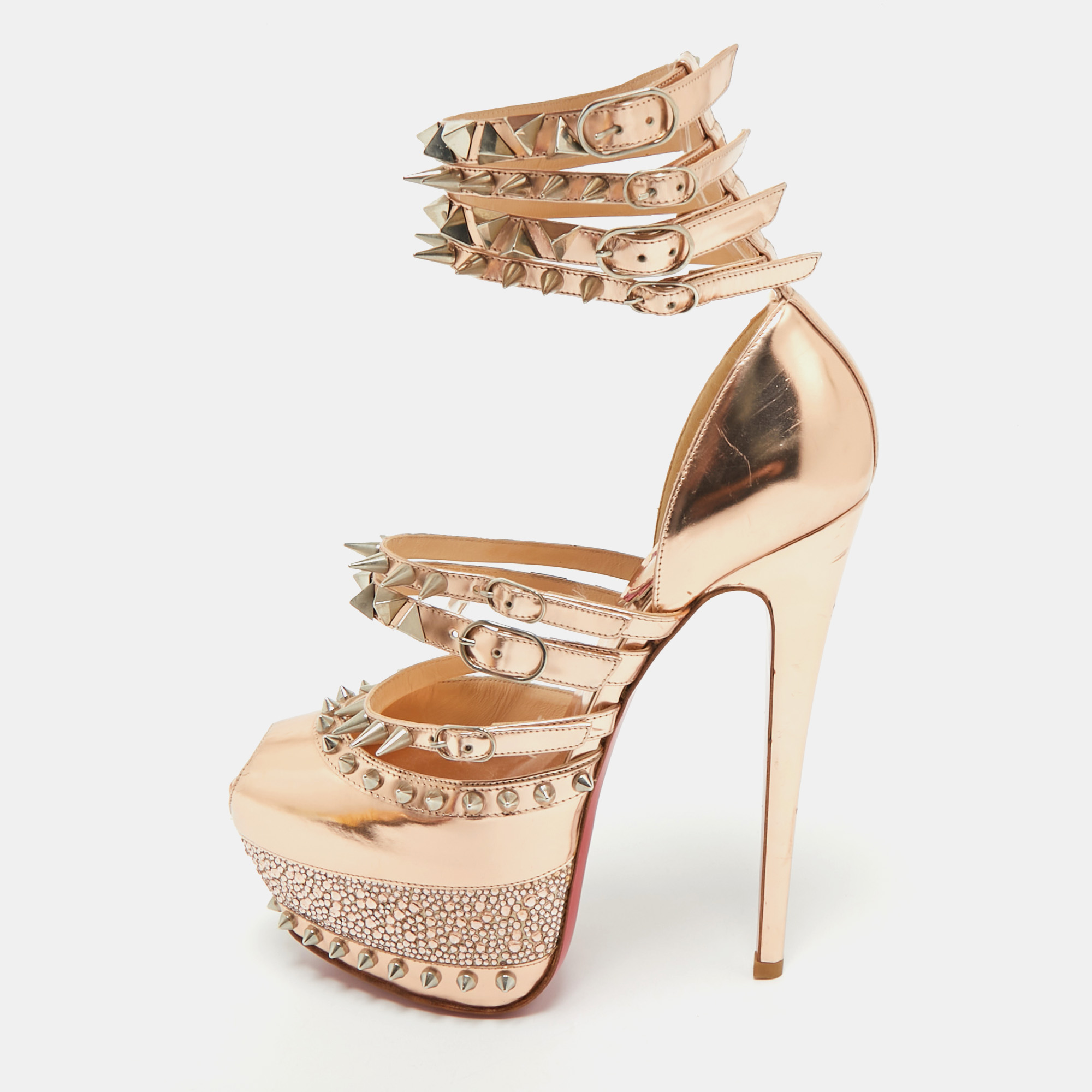 

Christian Louboutin Rose Gold Patent Leather 20th Anniversary Isolde Spiked Pumps Size