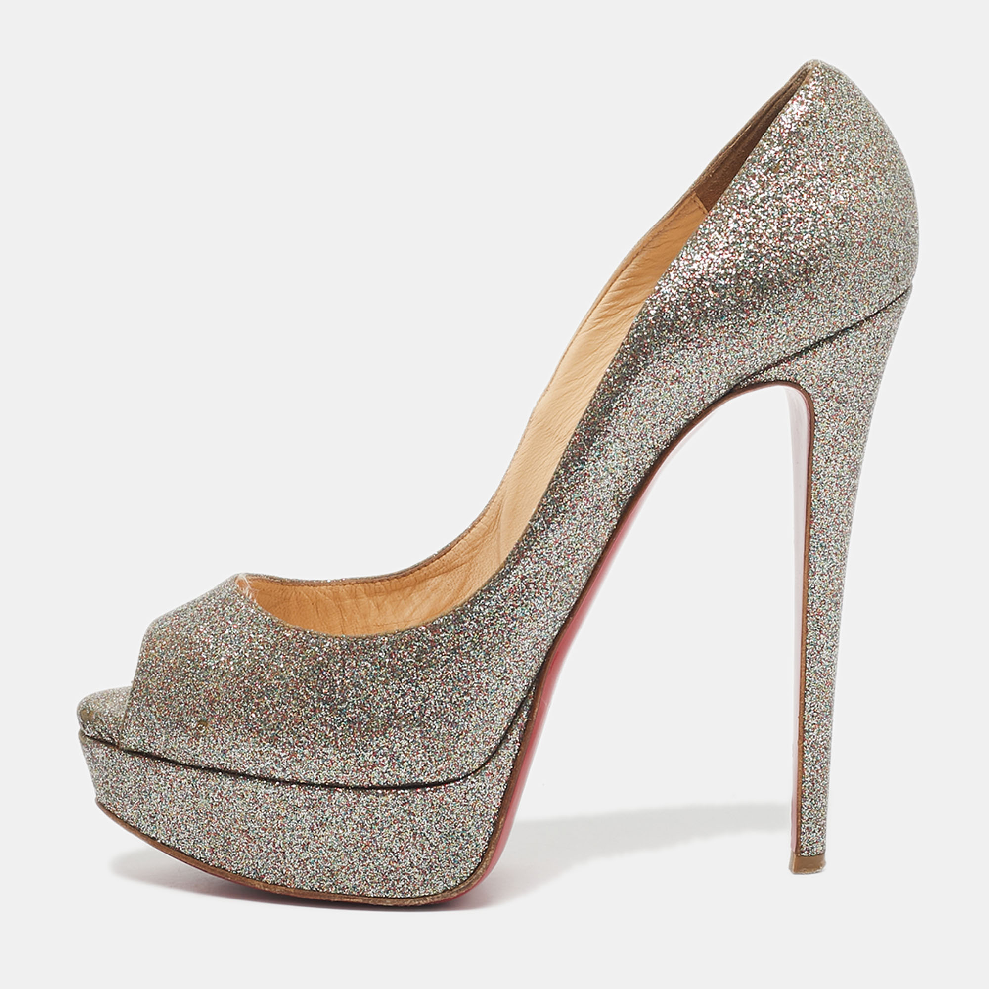 Pre-owned Christian Louboutin Multicolor Glitter Leather Lady Peep Toe Pumps Size 38.5