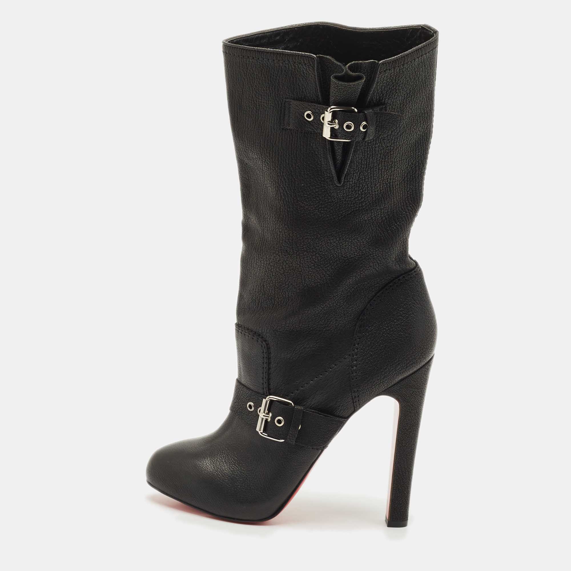 Pre-owned Christian Louboutin Black Leather Flanavec Mid Calf Boots Size 40