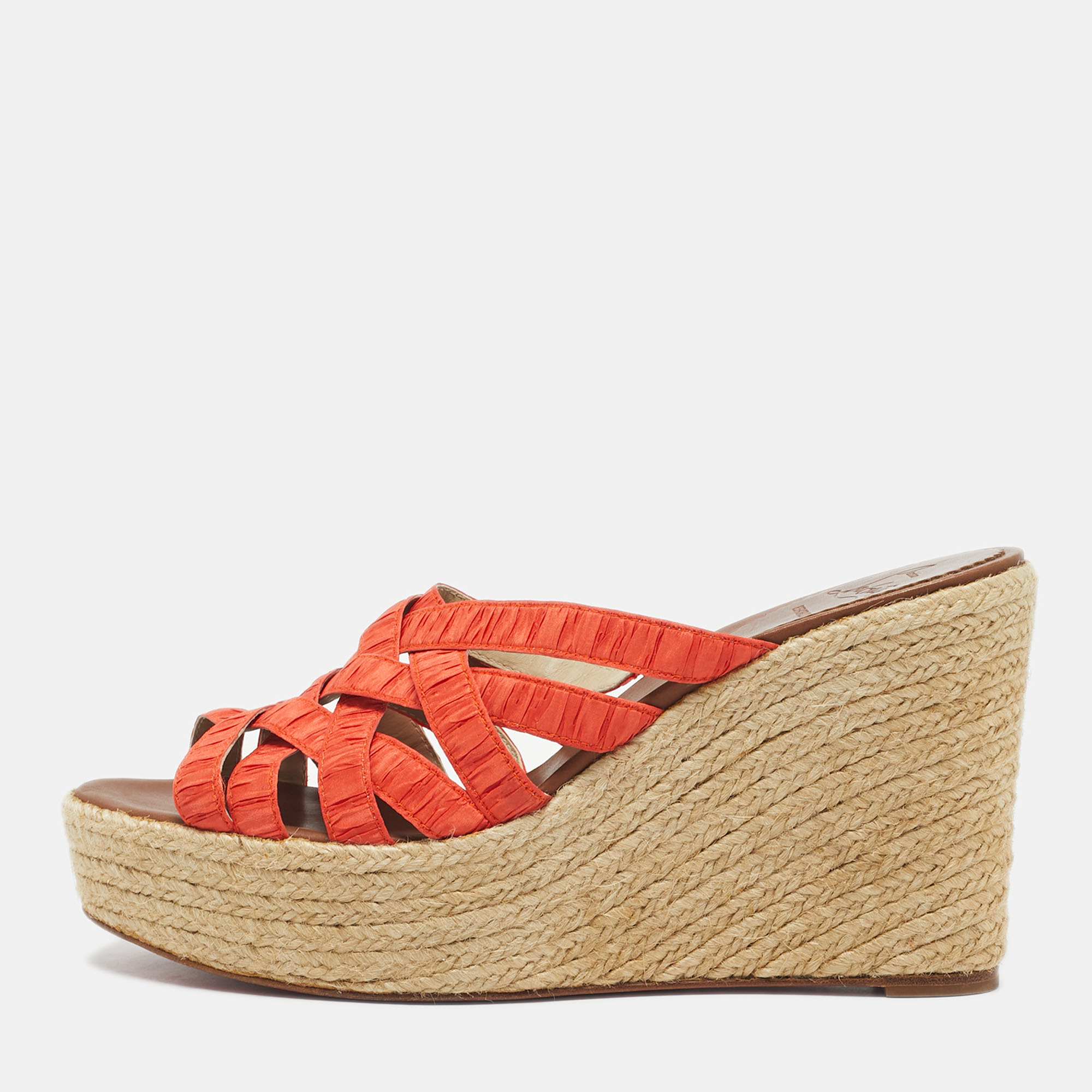 Pre-owned Christian Louboutin Orange Pleton Fabric Crepon Wedge Sandals Size 40
