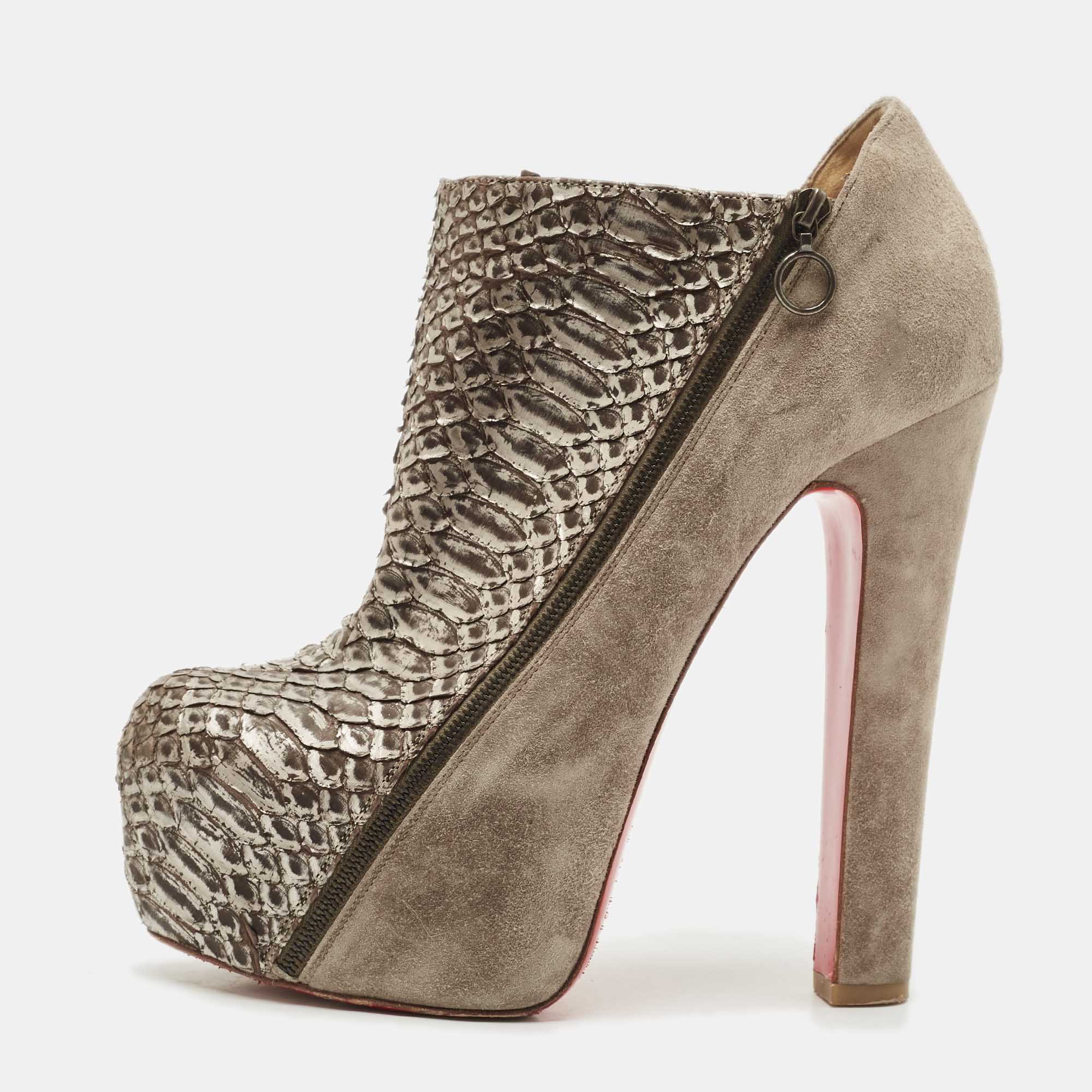 Pre-owned Christian Louboutin Metallic/brown Python Leather And Suede 4a Ankle Length Boots Size 39 In Silver