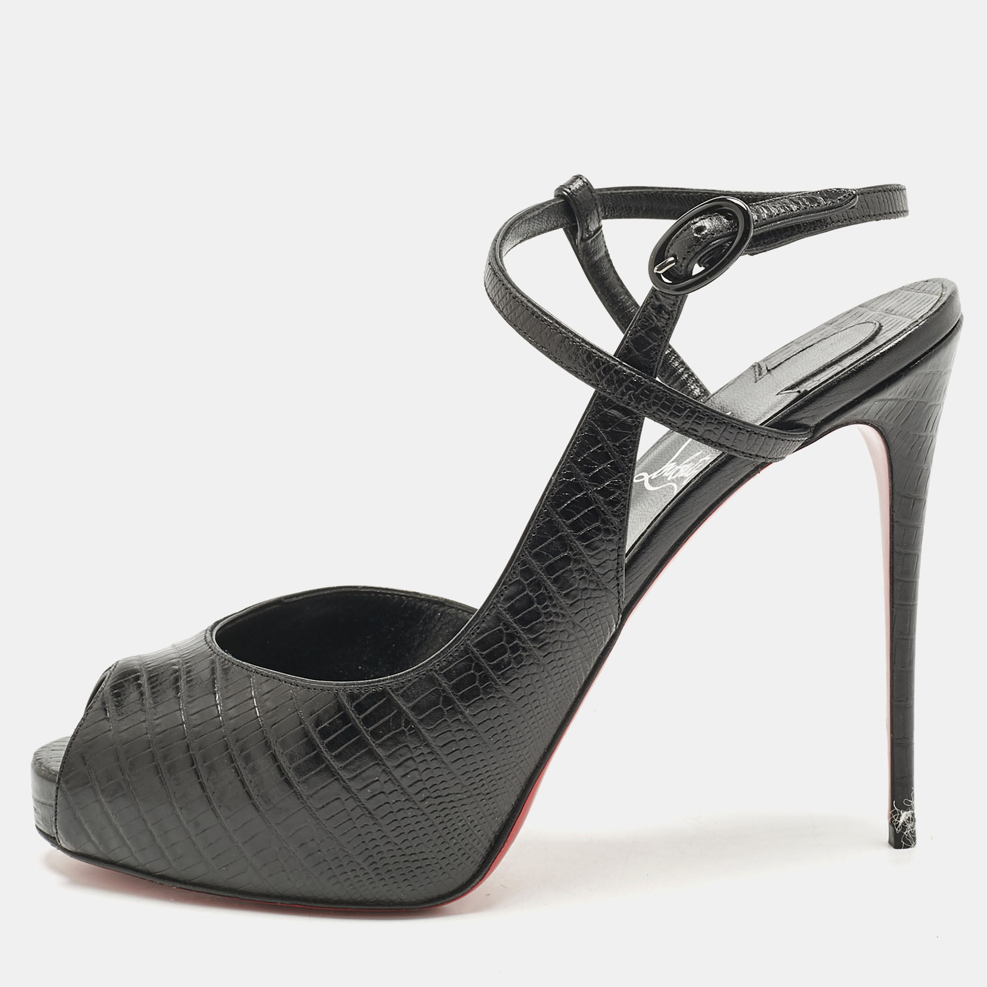 

Christian Louboutin Black Croc Embossed Leather Jenlove Alta Peep Toe Ankle Strap Pumps Size