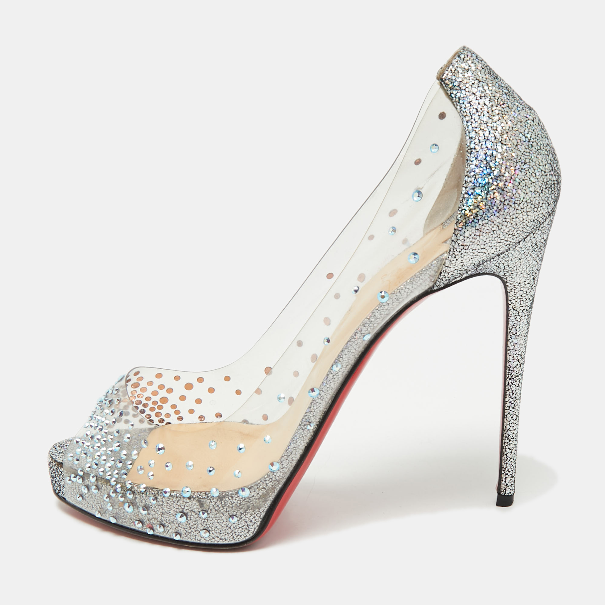 

Christian Louboutin Transparent/Blue PVC and Glitter Suede Very Strass Peep Toe Pumps Size