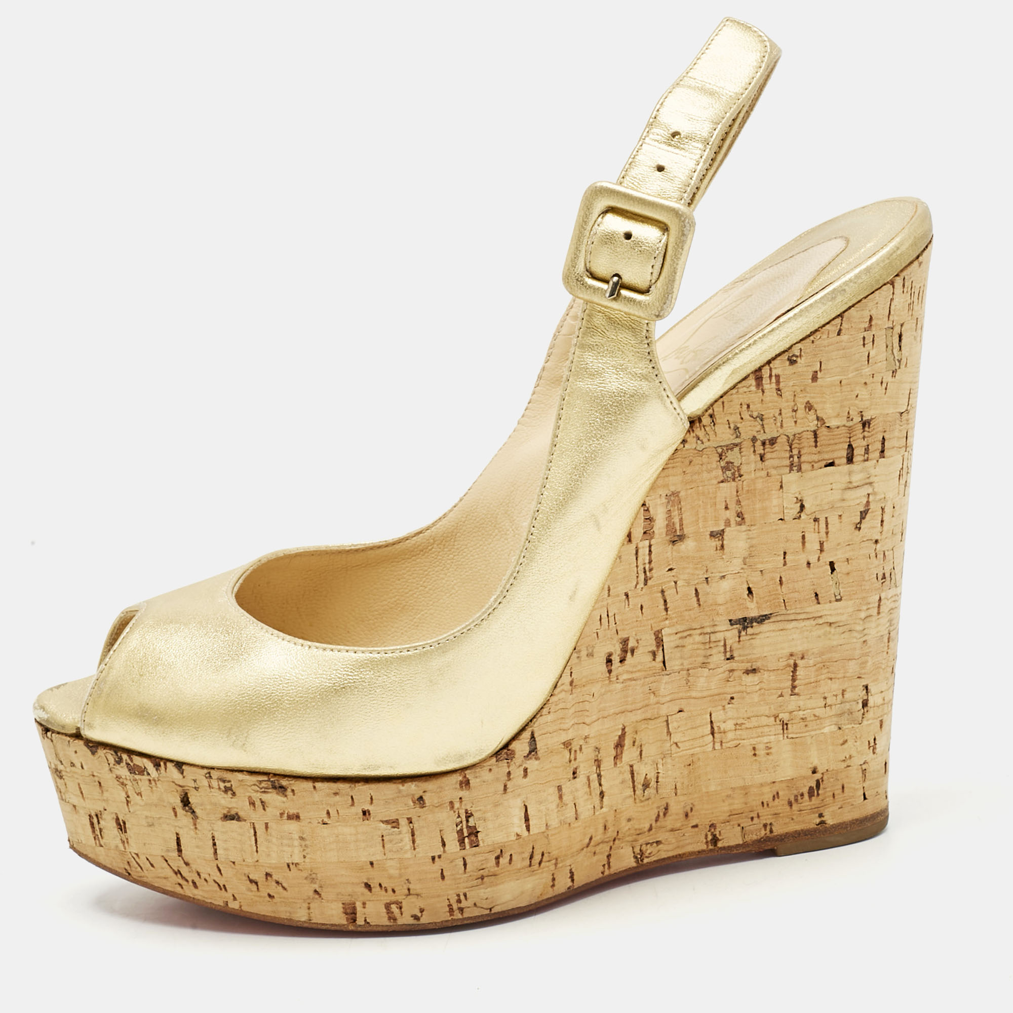 Pre-owned Christian Louboutin Gold Leather Une Plume Wedge Sandals Size 37