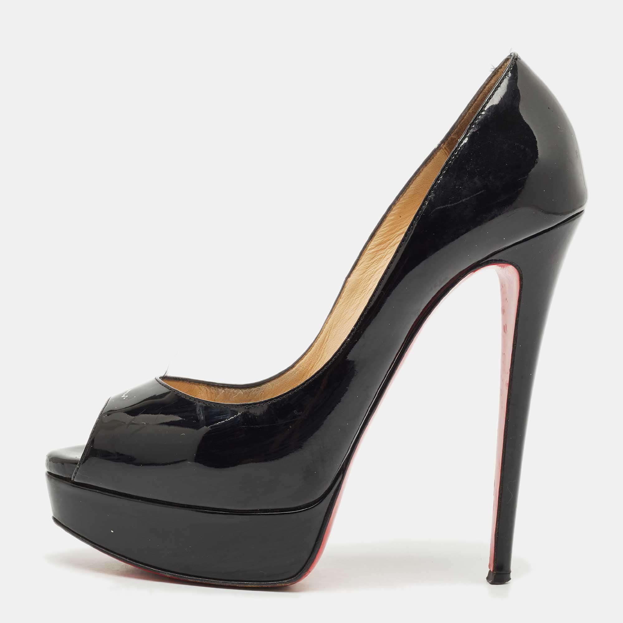 Pre-owned Christian Louboutin Black Patent Leather Lady Peep Toe Pumps Size 38