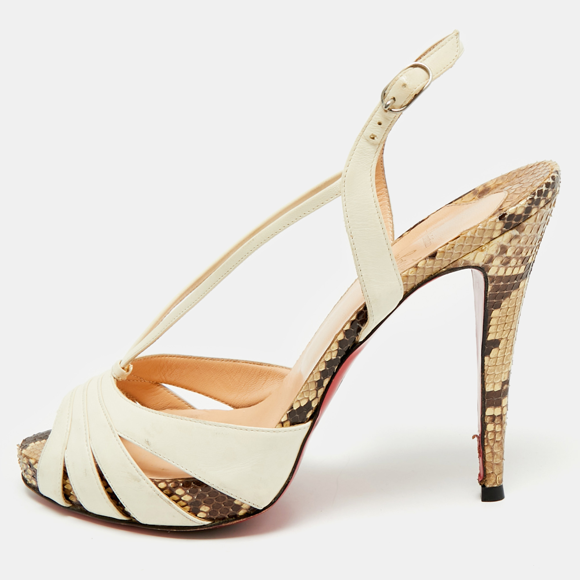 

Christian Louboutin White/Brown Python and Leather Activa Platform Sandals Size
