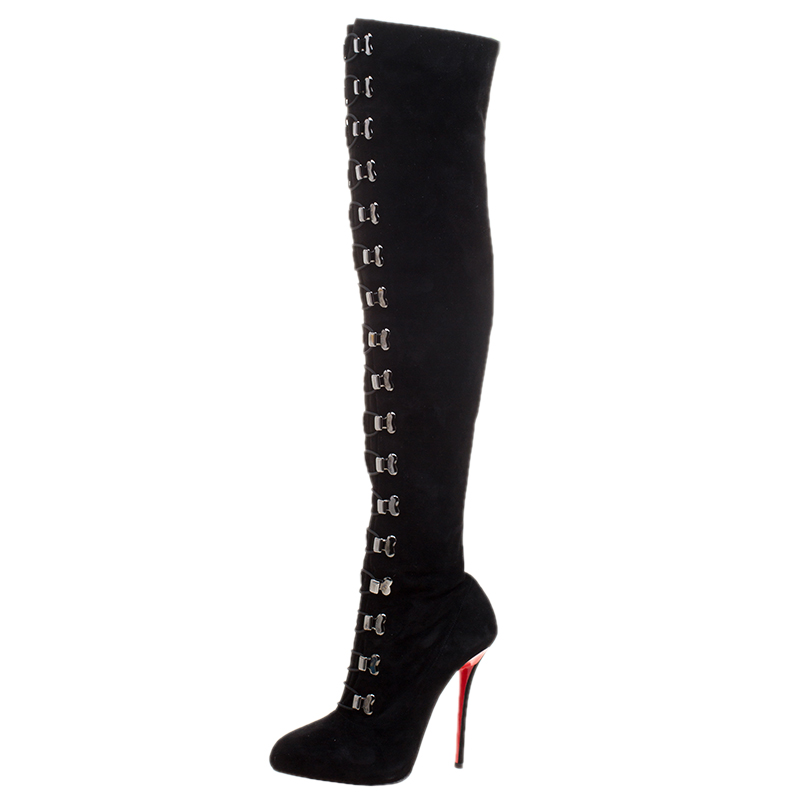 Pre Owned Christian Louboutin Black Suede Croche Knee Length Boots Size 38