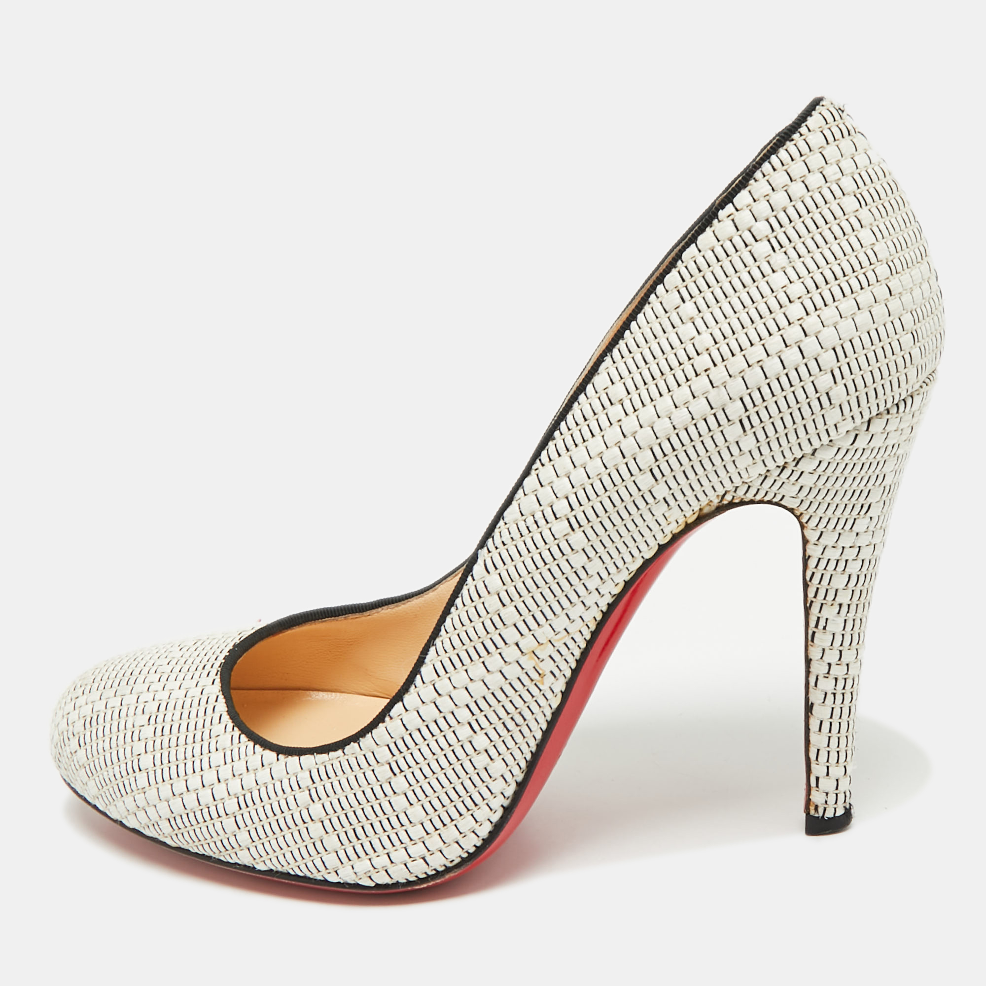 Pre-owned Christian Louboutin White/black Raffia Fifi Pumps Size 37.5