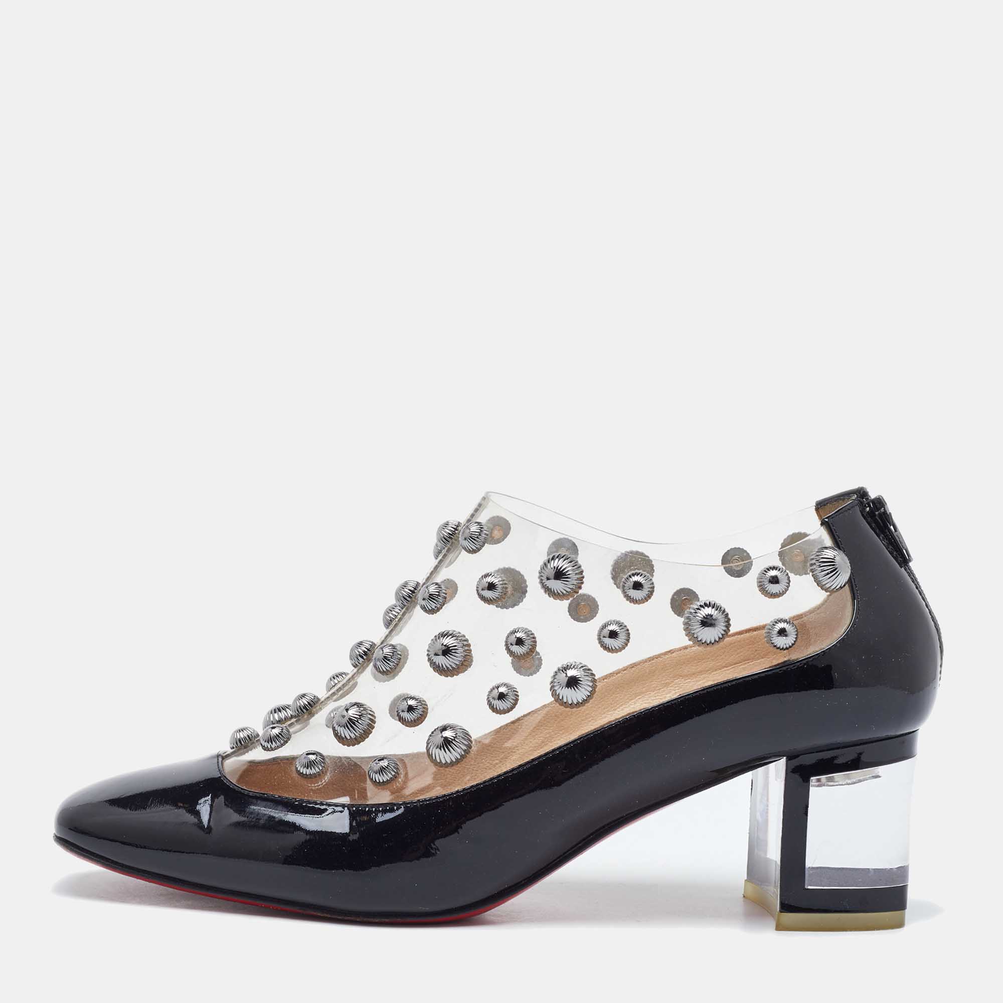 Pre-owned Christian Louboutin Black Patent Leather And Pvc Space Odd Booties Size 38