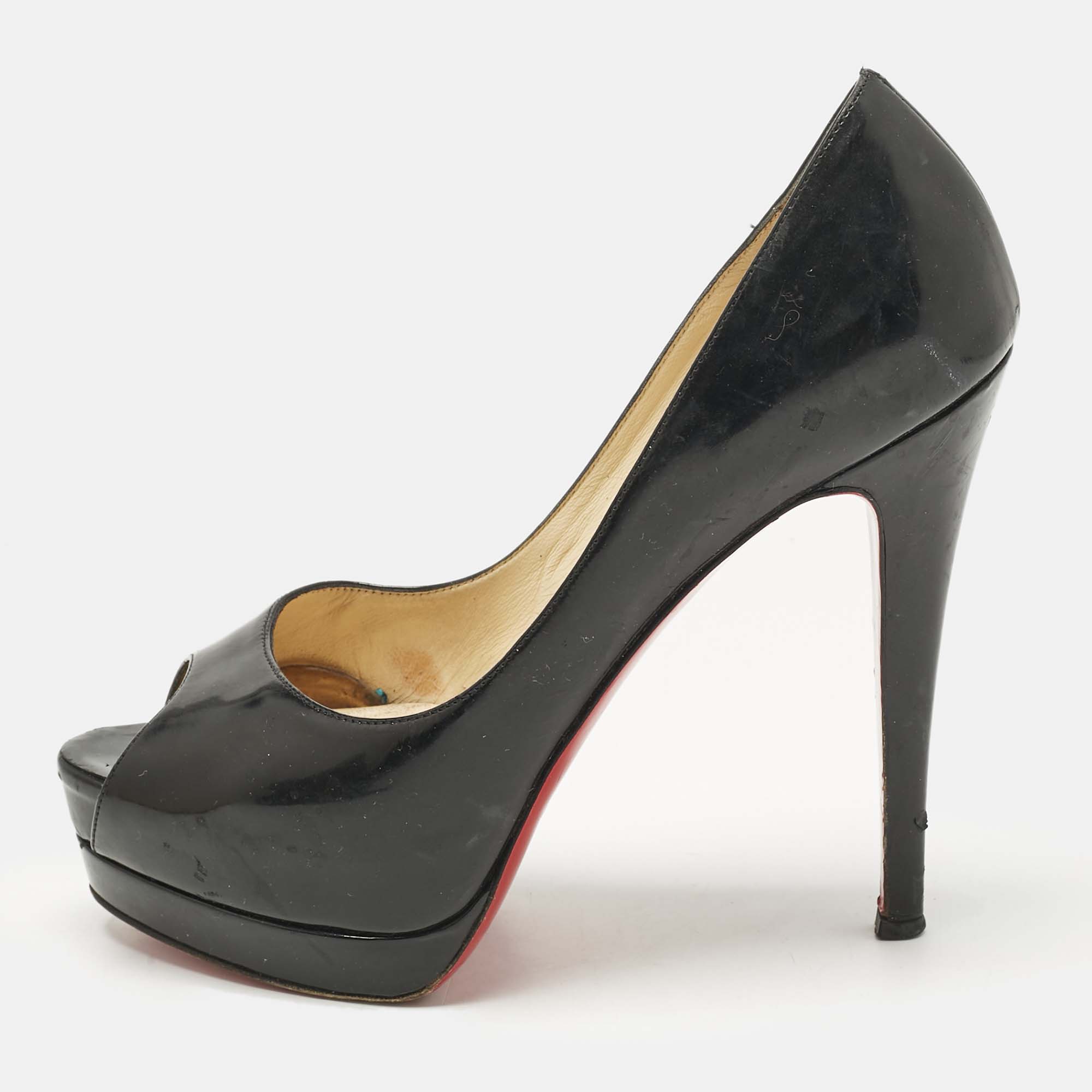 

Christian Louboutin Black Patent Leather Lady Peep Toe Platform Pumps Size
