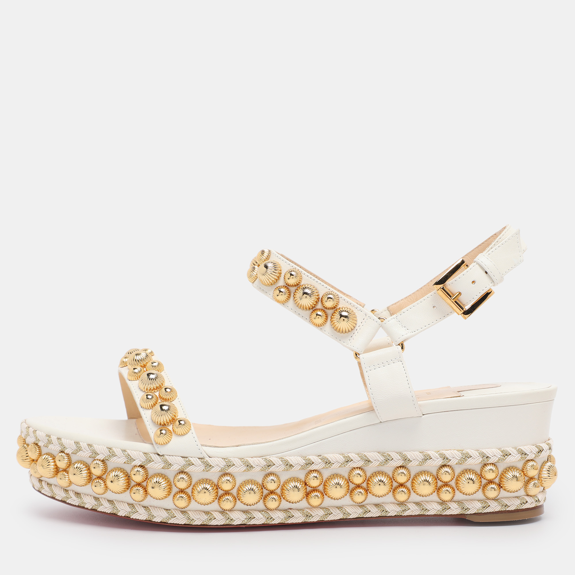 Pre-owned Christian Louboutin White Leather Lady Rondaclou Wedge Platform Sandals Size 42