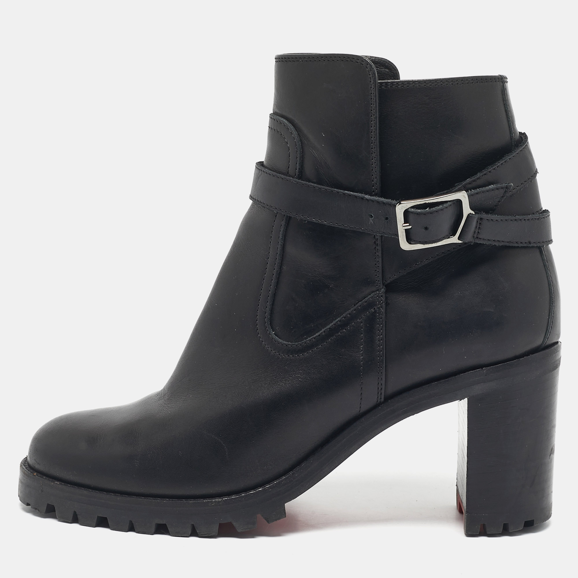Pre-owned Christian Louboutin Black Leather Block Heel Ankle Length Boots Size 37.5