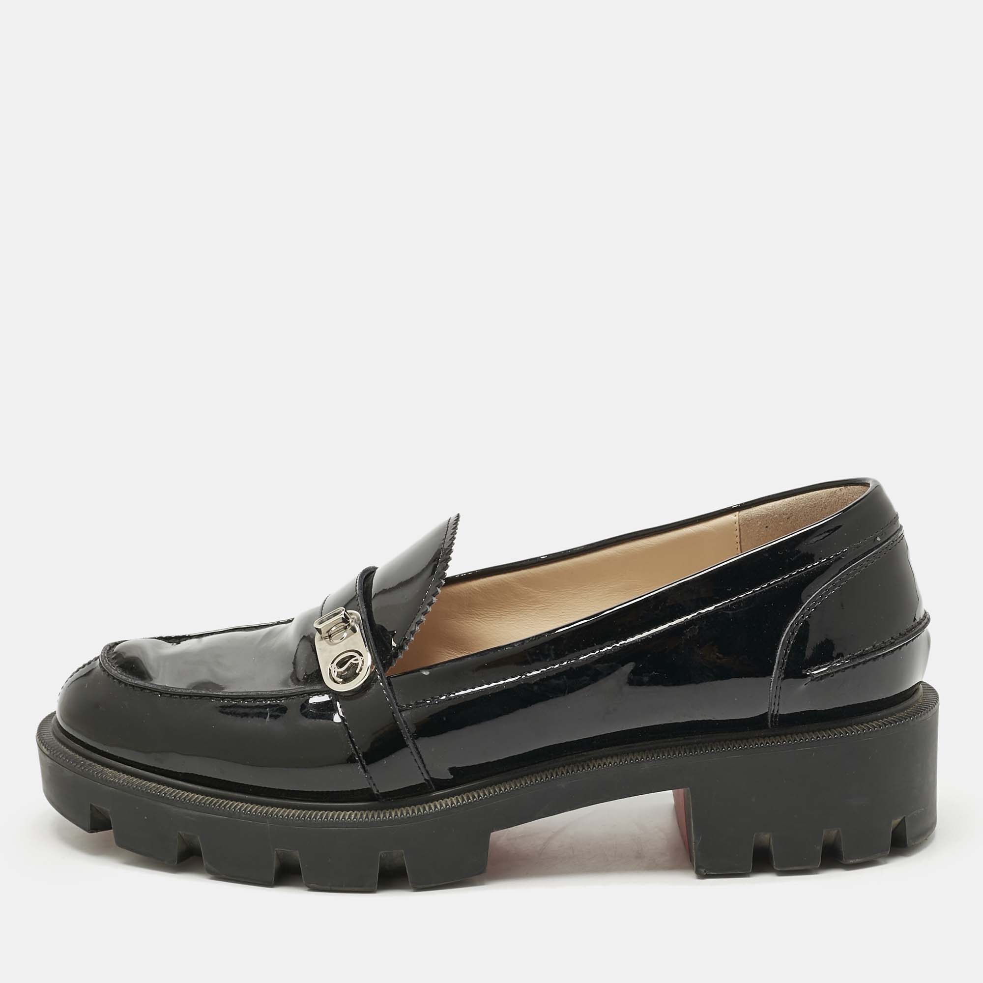 Pre-owned Christian Louboutin Black Patent Leather Lock Woody Slip On Loafers Size 37