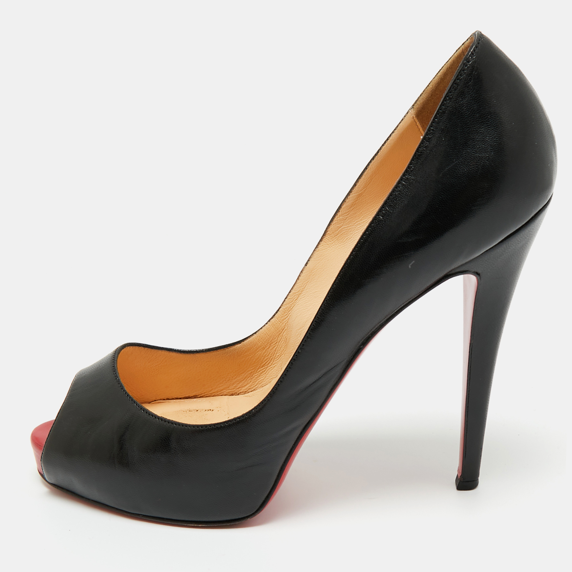 Pre-owned Christian Louboutin Black Leather Very Prive Peep Toe Pumps Size 42