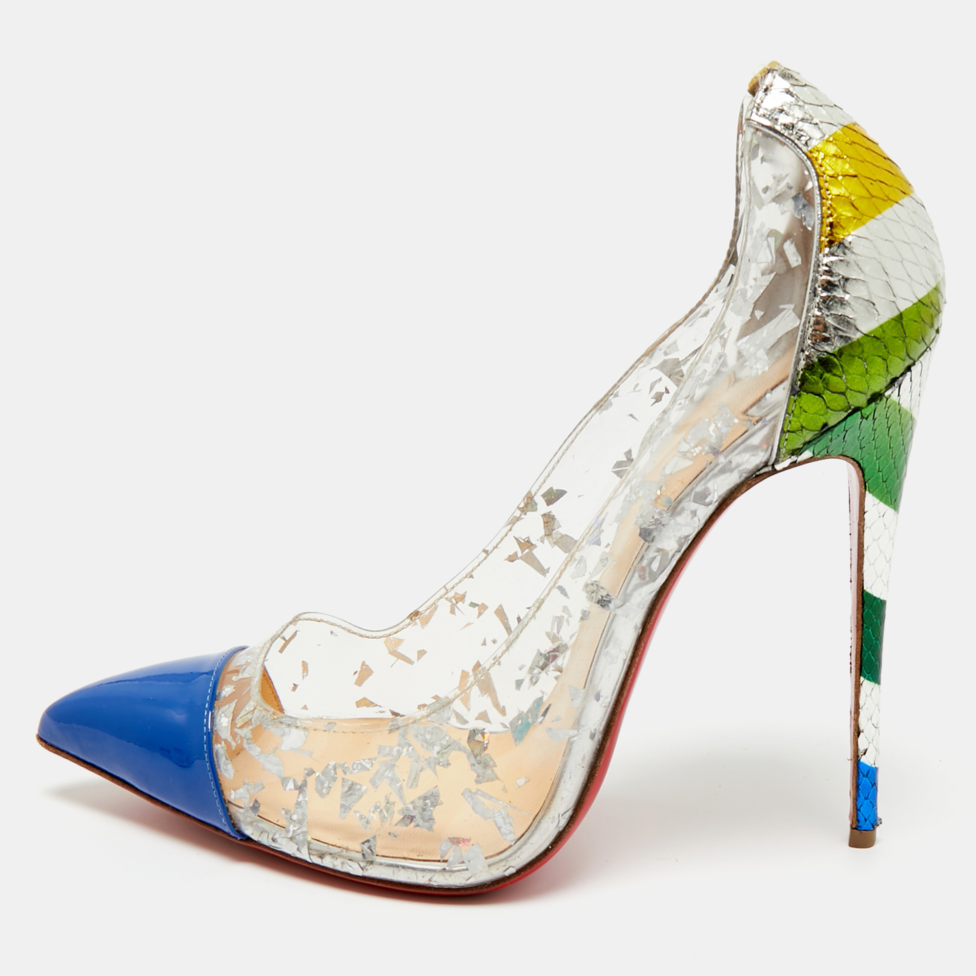 

Christian Louboutin Multicolor PVC and Snakeskin Embossed Leather Debout Pumps Size