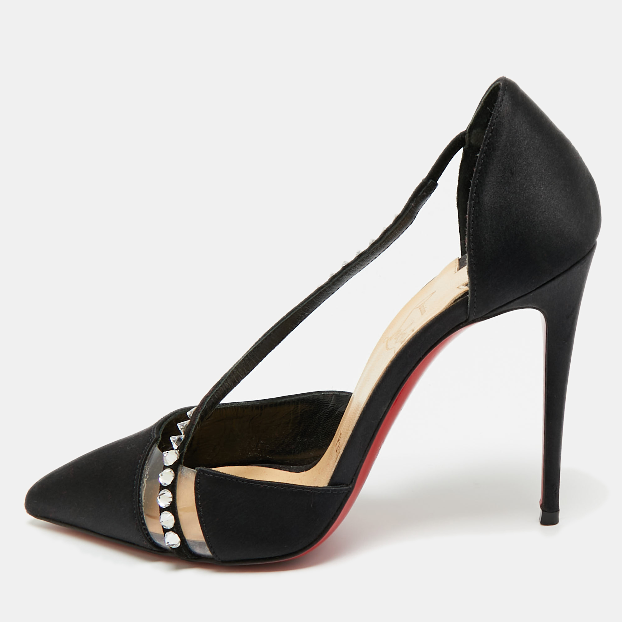 Pre-owned Christian Louboutin Black Satin And Pvc Krystal Cross Pumps Size 36.5