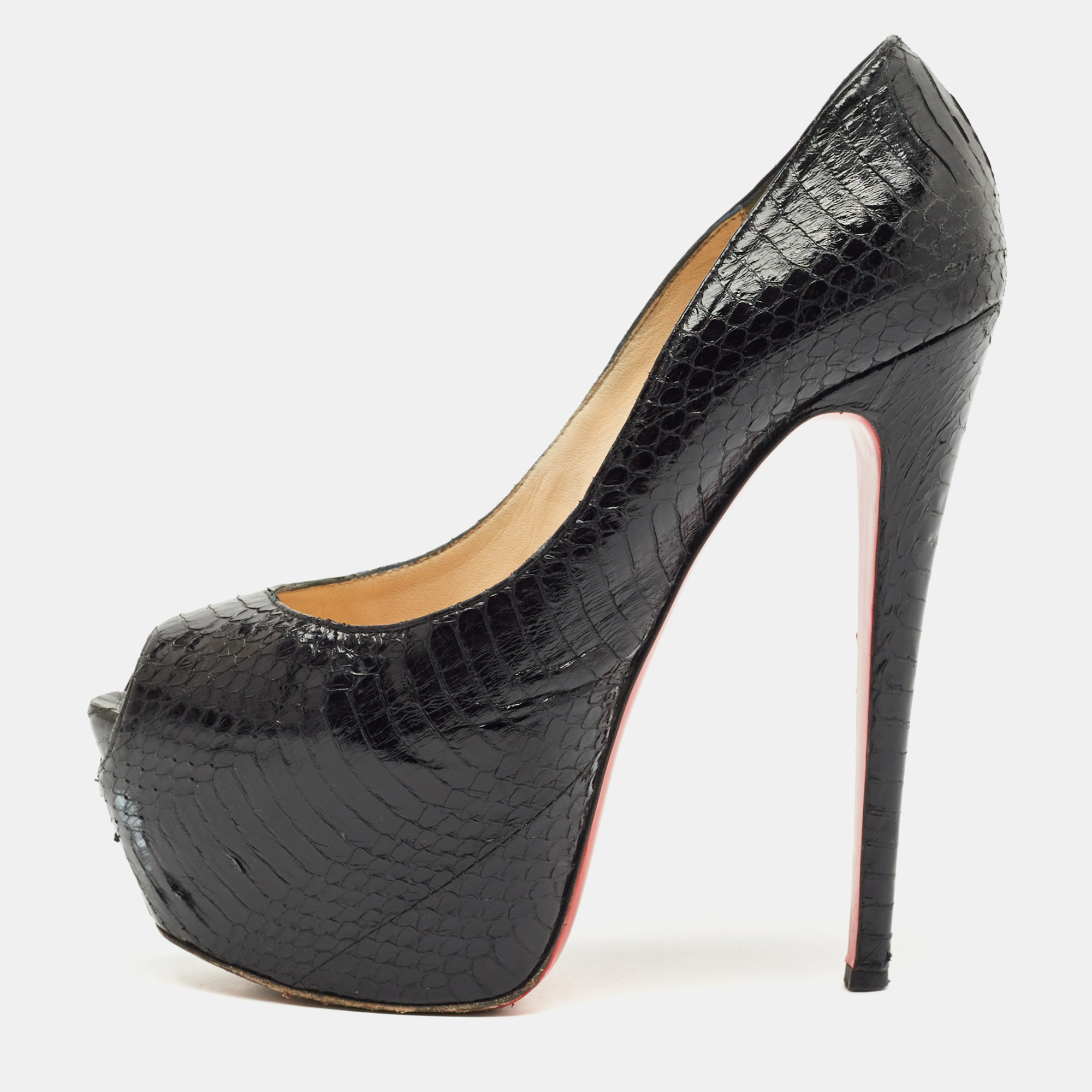 Pre-owned Christian Louboutin Black Python Lady Highness Peep Toe Pumps Size 39.5
