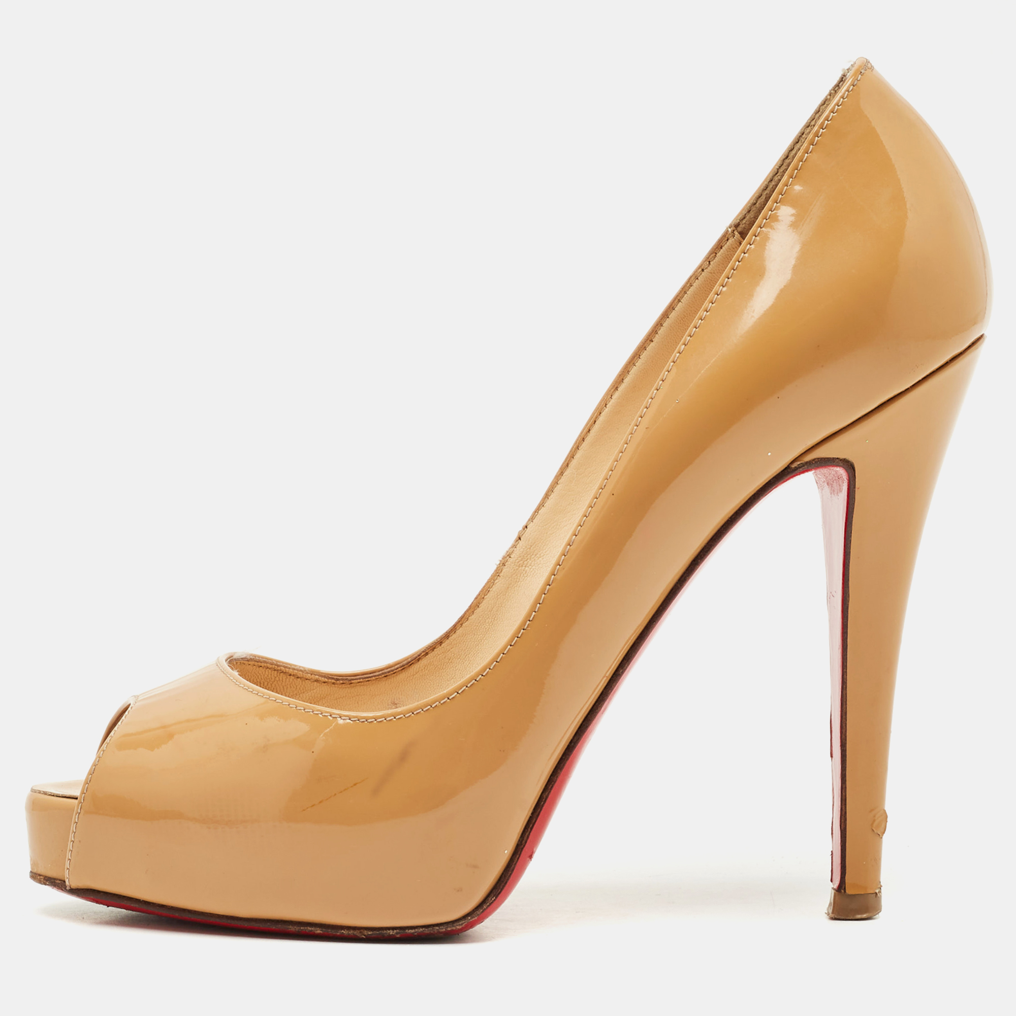 Pre-owned Christian Louboutin Beige Patent Leather Very Prive Peep Toe Platform Pumps Size 34 In Sand