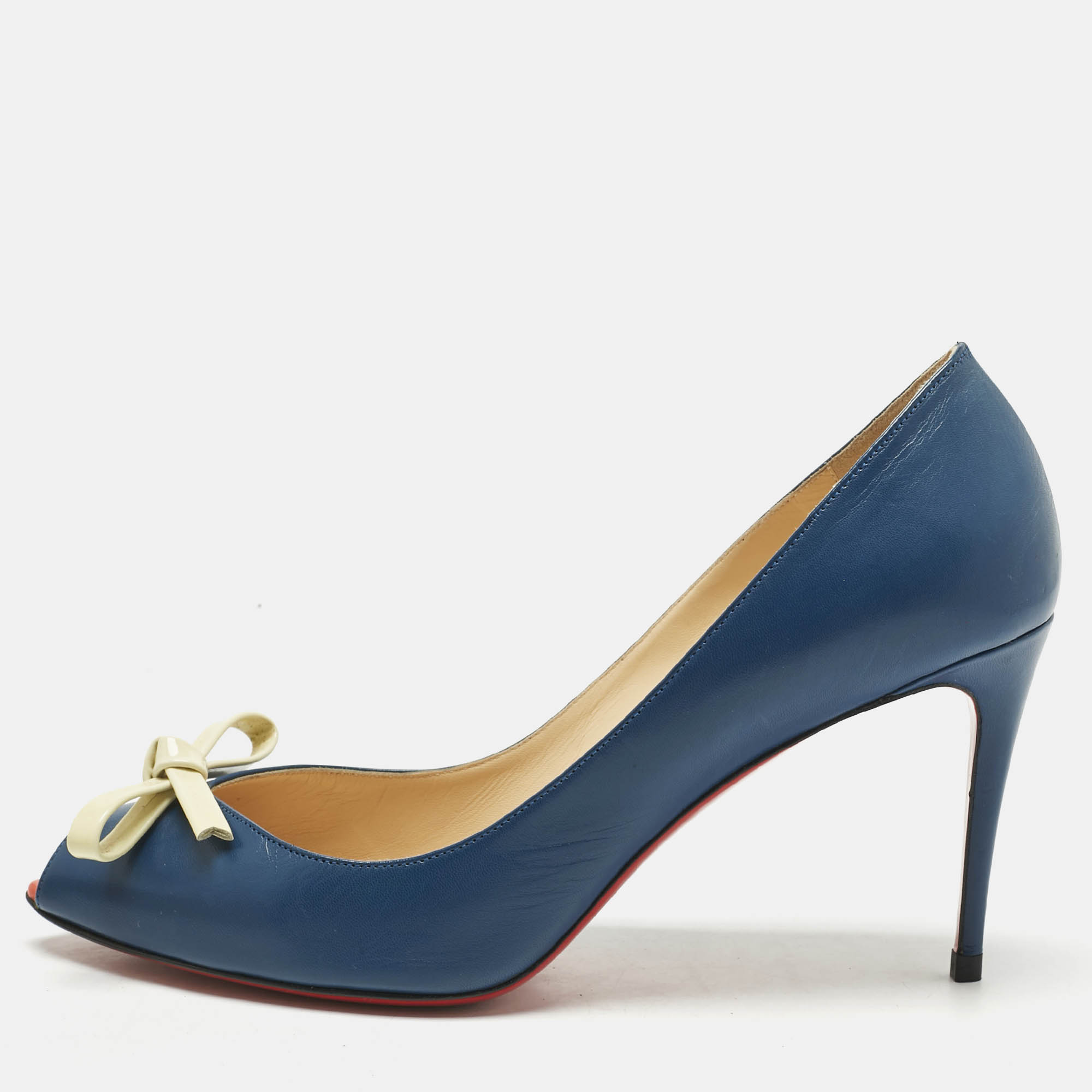 Pre-owned Christian Louboutin Navy Blue/cream Leather Tibunodo Bow Peep Toe Pumps Size 40