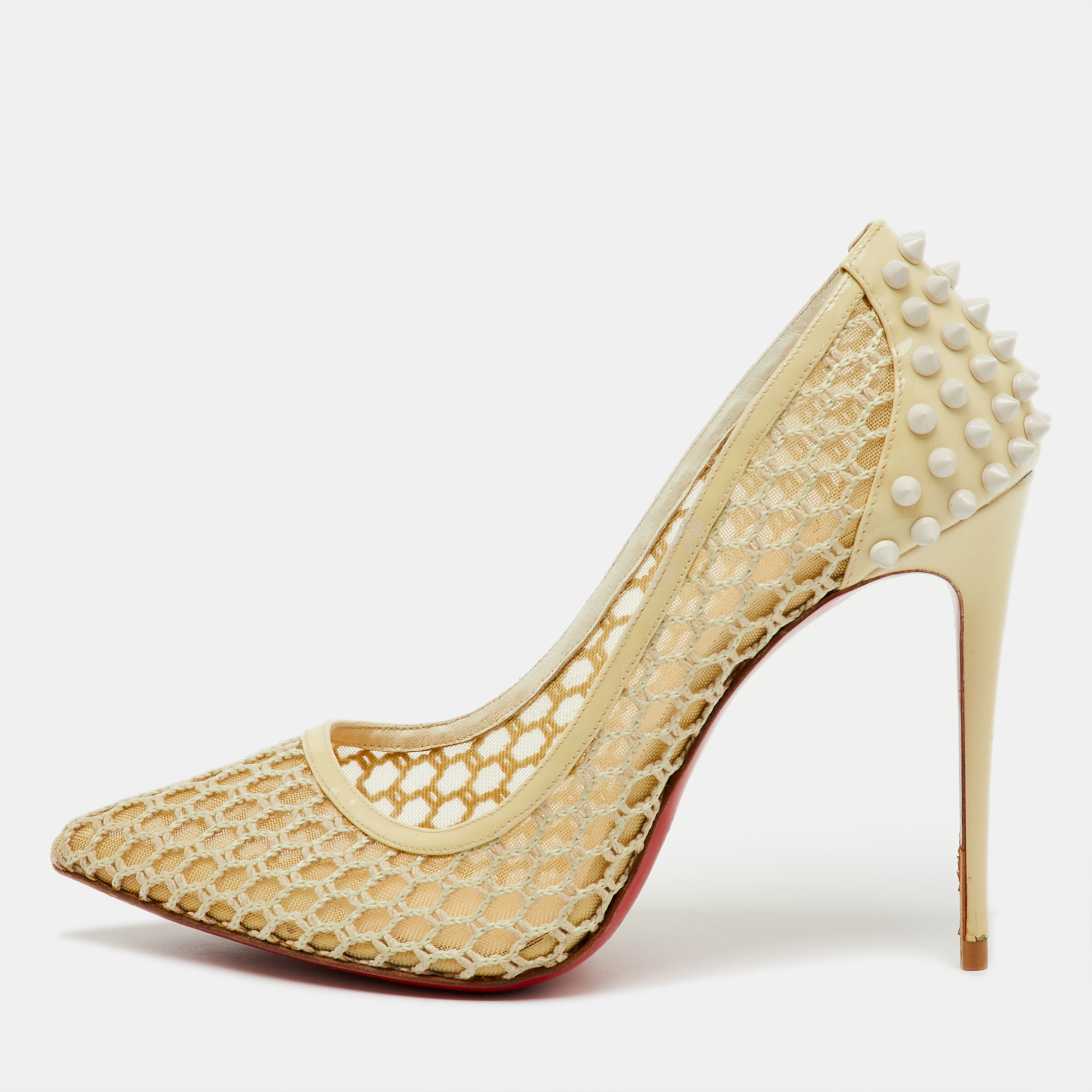 Pre-owned Christian Louboutin Cream Knit Mesh And Patent Leather Guni Spike Pumps Size 39 In White