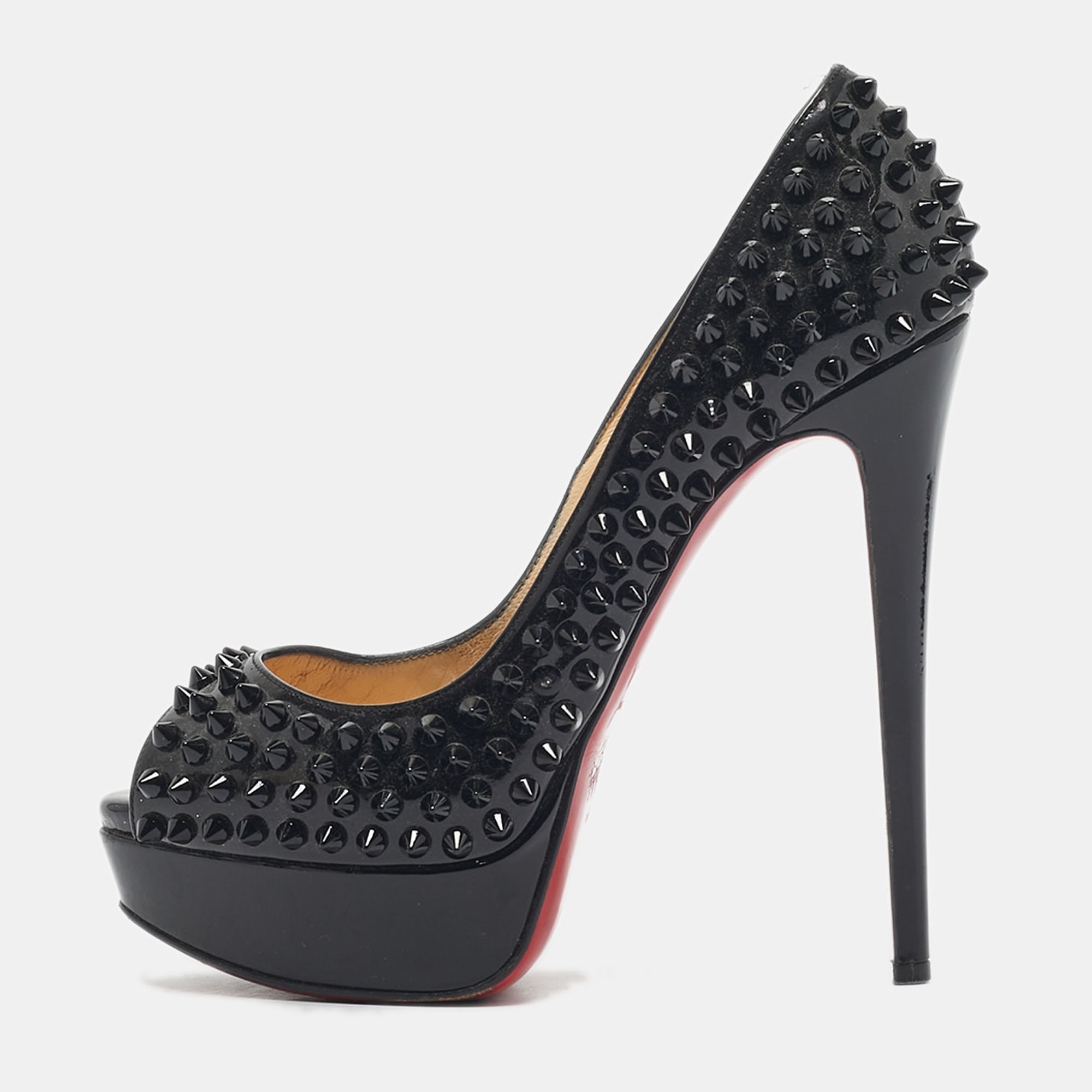 Pre-owned Christian Louboutin Black Patent Leather Lady Peep Spikes Platform Pumps Size 37
