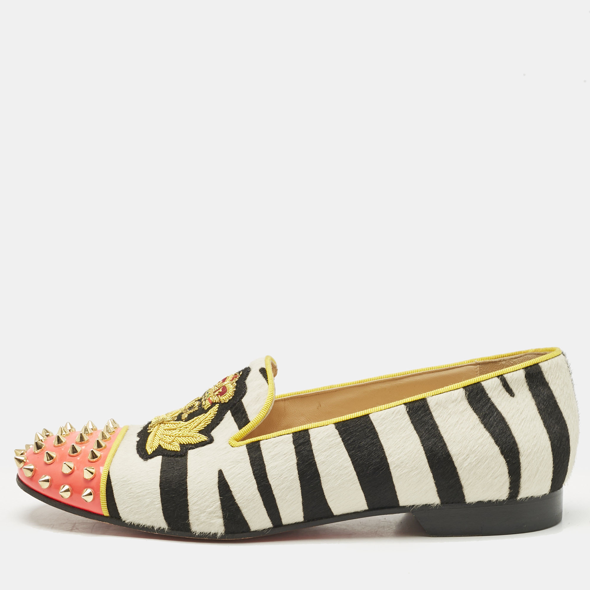 

Christian Louboutin Multicolor Calf Hair Spike Embellished Smoking Slippers Size