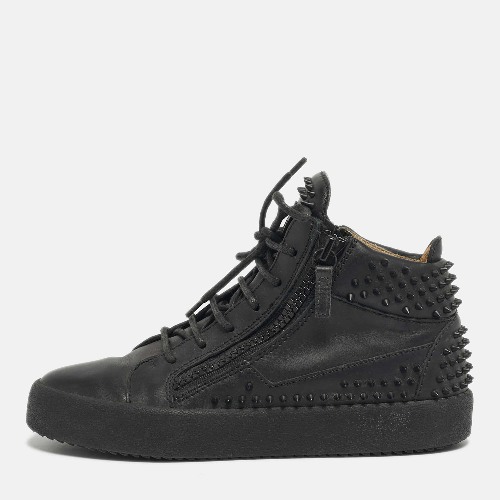 Pre-owned Christian Louboutin Black Leather Louis Spikes High Top Sneakers Size 38