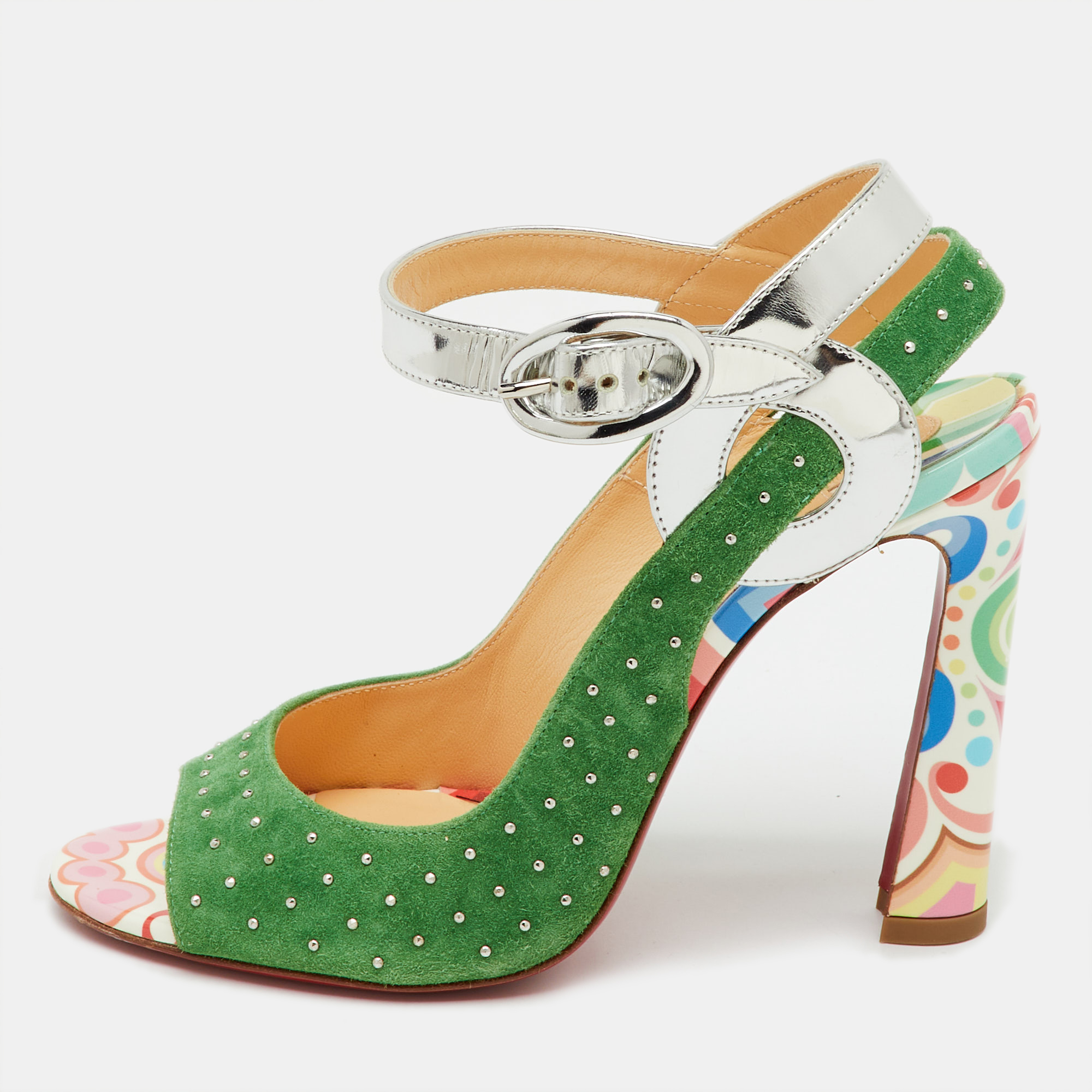 

Christian Louboutin Green/Silver Suede and Laminated Leather Studded Loopinga Sandals Size