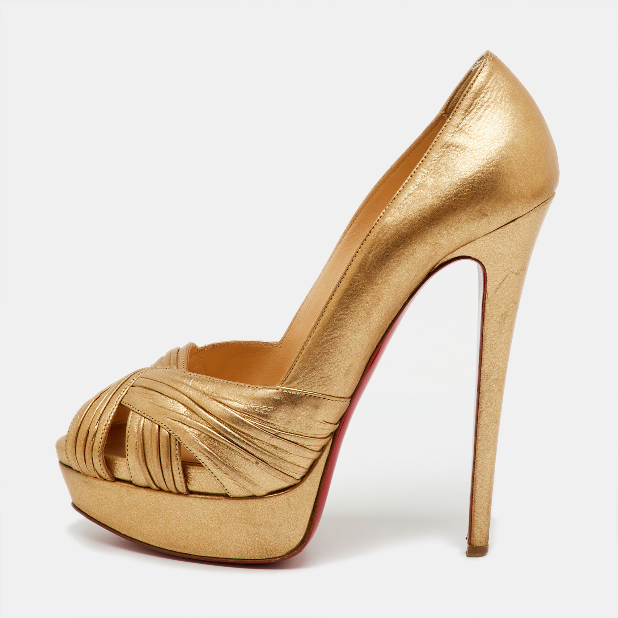 Pre-owned Christian Louboutin Gold Leather Aborina Peep Toe Platform Pumps Size 39