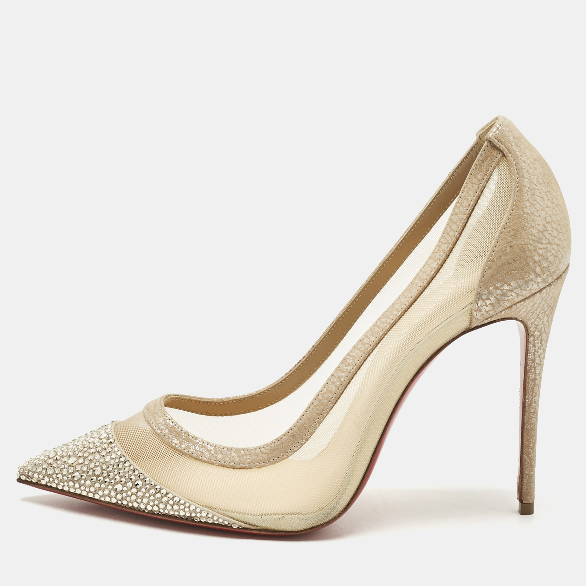 

Christian Louboutin Beige Mesh and Suede Embellished Galativi Strass Pumps Size