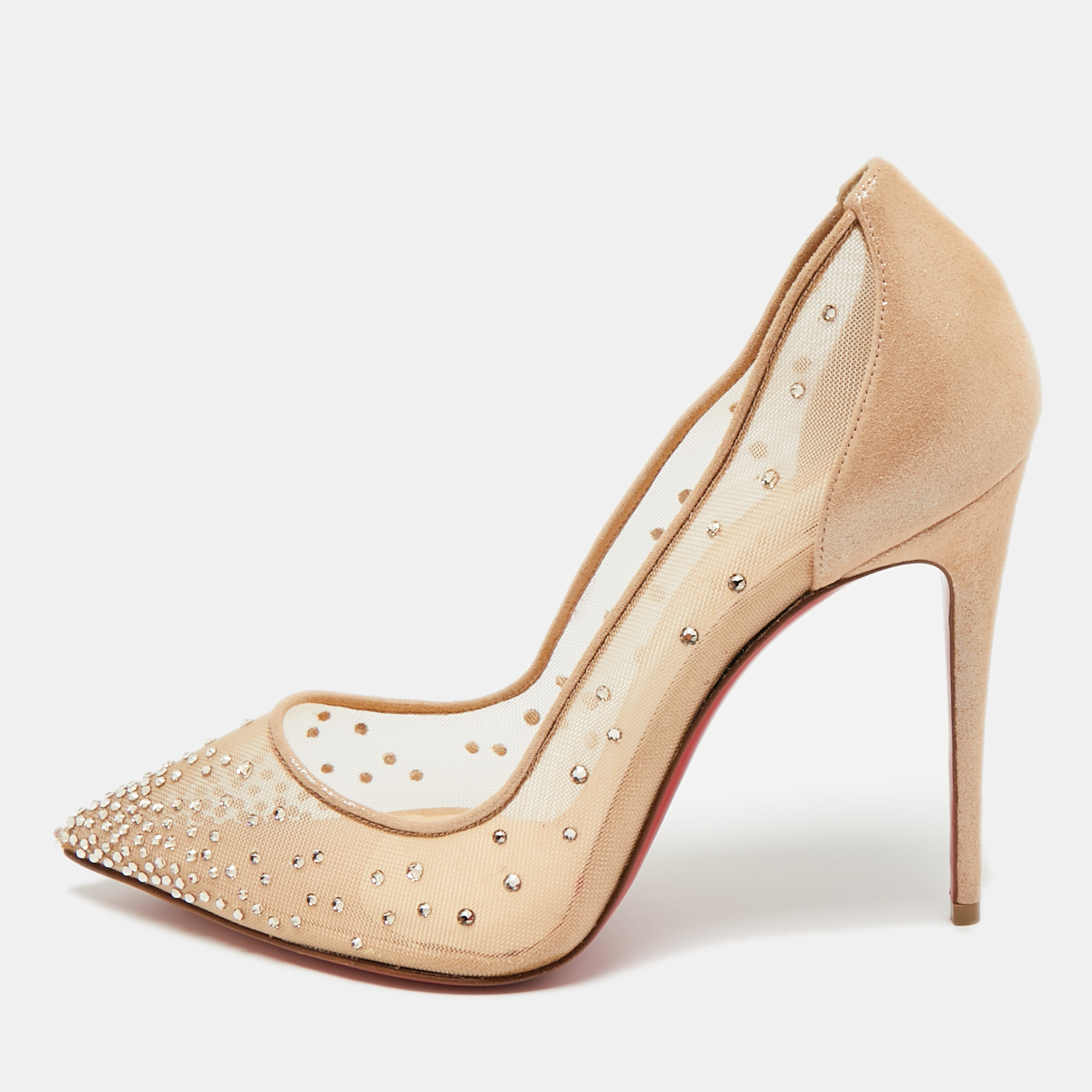 Pre-owned Christian Louboutin Beige Suede And Mesh Follies Strass Pumps Size 38 In Sand