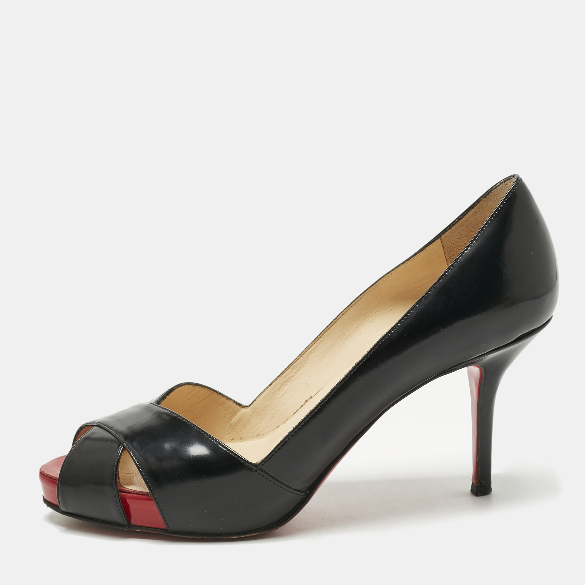 Pre-owned Christian Louboutin Black Leather Shelley Peep Toe Pumps Size 36.5