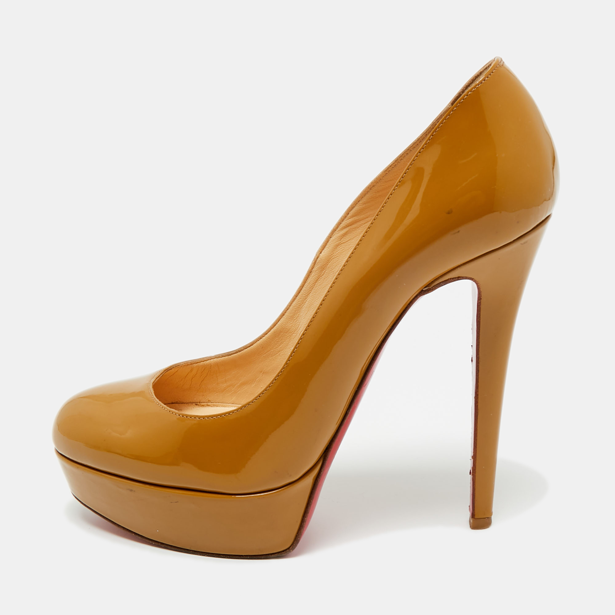 Pre-owned Christian Louboutin Beige Patent Leather Bianca Platform Pumps Size 36.5 In Sand