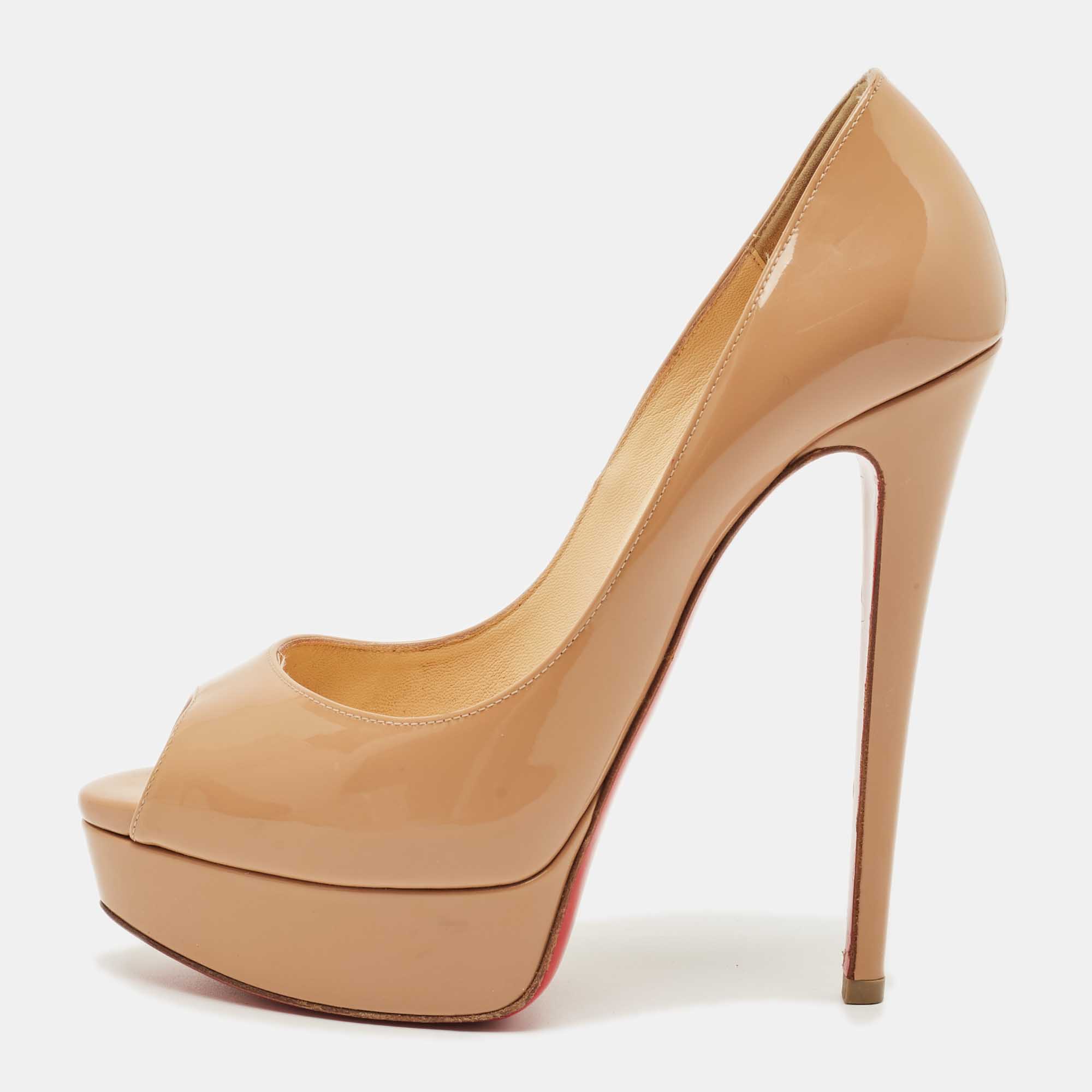 

Christian Louboutin Beige Patent Leather Lady Peep Peep Toe Pumps Size