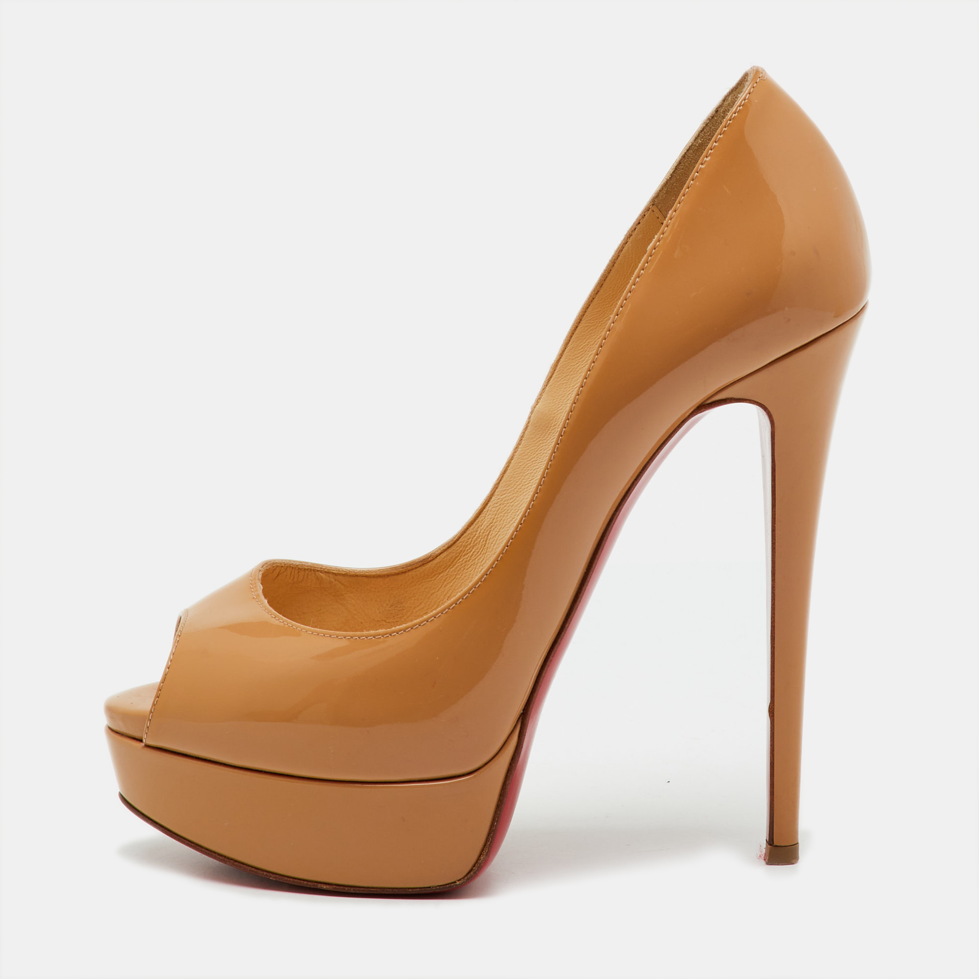 Pre-owned Christian Louboutin Beige Patent Leather Lady Peep Toe Platform Pumps Size 37.5 In Sand